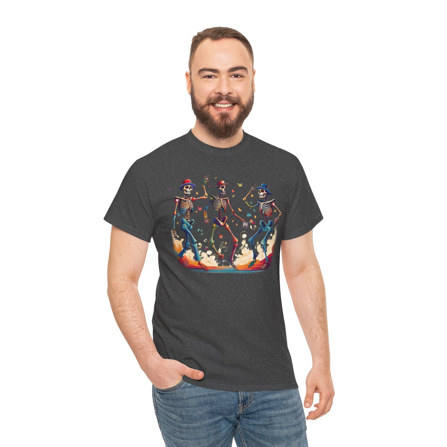 Dancing Skeletons Halloween Party - Spooky Fun Celebration Art - Festive Autumn Spirit Collection - Colorful Skeleton Dance Tee, Casual Halloween T-Shirt, Unique Gift for Parties, Unisex Graphic Shirt, Fun Everyday Wear