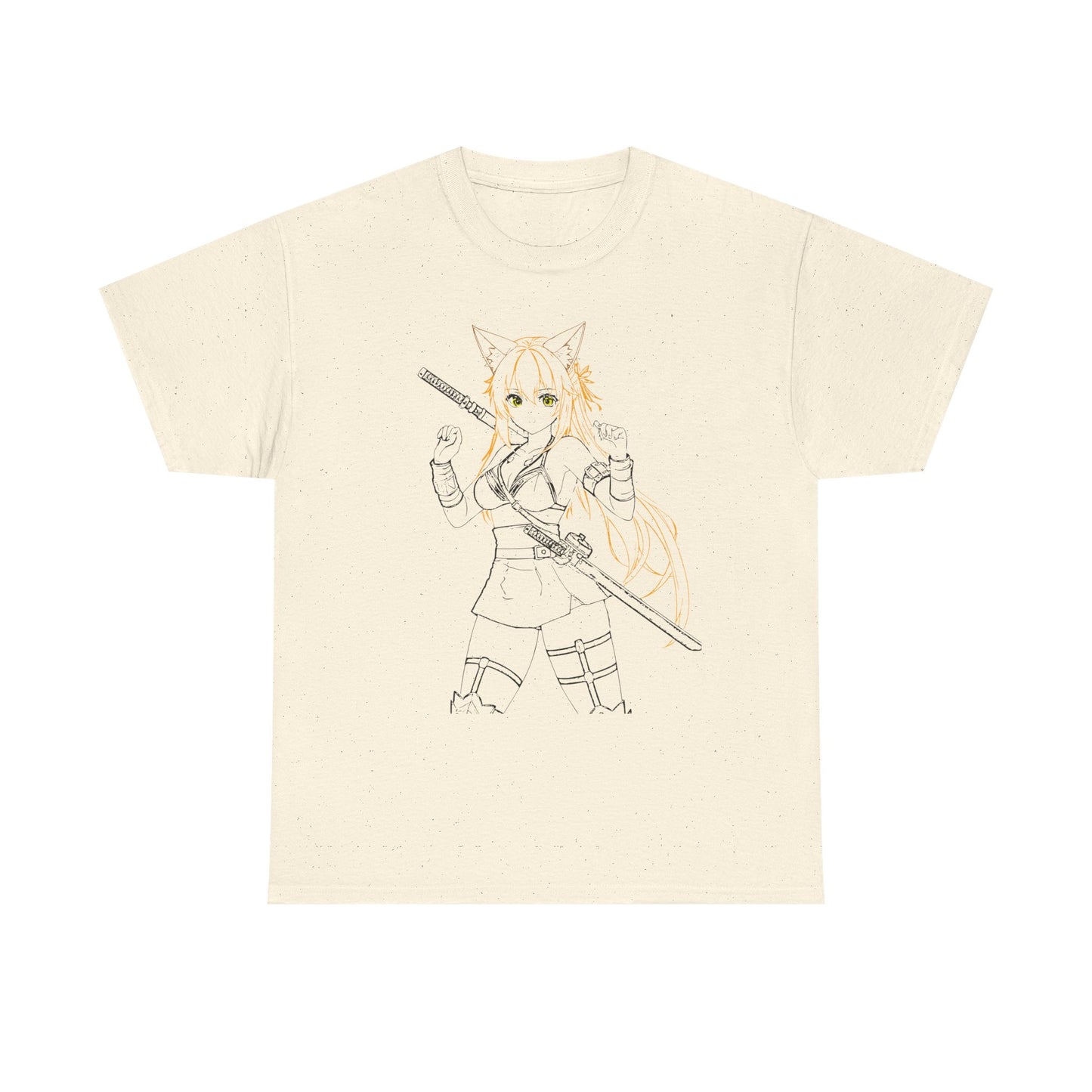 Cat-Eared Blade – Anime Warrior Power on Tees - Anime Samurai Unisex Heavy Cotton Tee, Cute Graphic T-Shirt, Comfortable Casual Wear, Gifts for Anime Lovers, Birthday Surprise