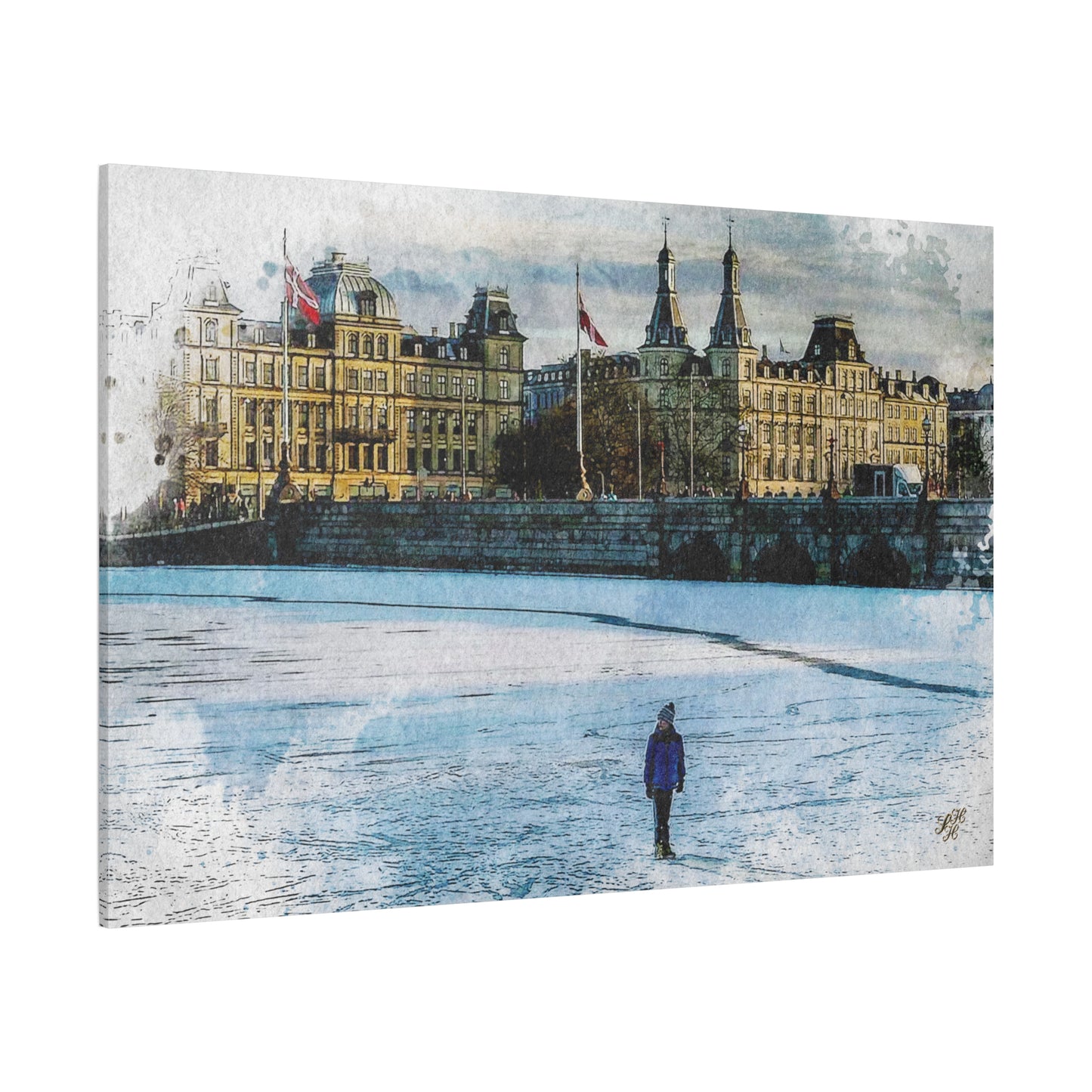 'Winter on 'The Lakes' Copenhagen - Canvas Print Watercolor Art