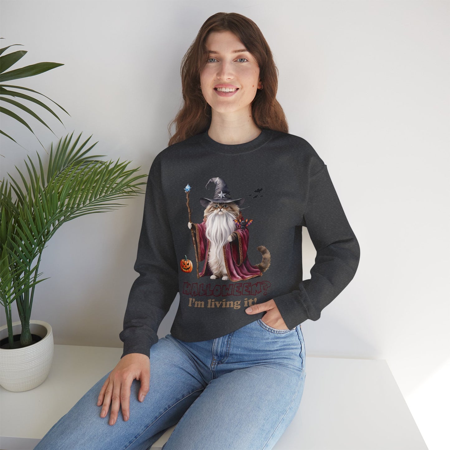π§ Living the Spell: Wizardry, Whimsy & Halloween Cheer π - Halloween Wizard Sweatshirt, Unisex Crewneck for Fall, Cozy Gift for Cat Lovers, Spooky Season Apparel, Fun Costume Alternative