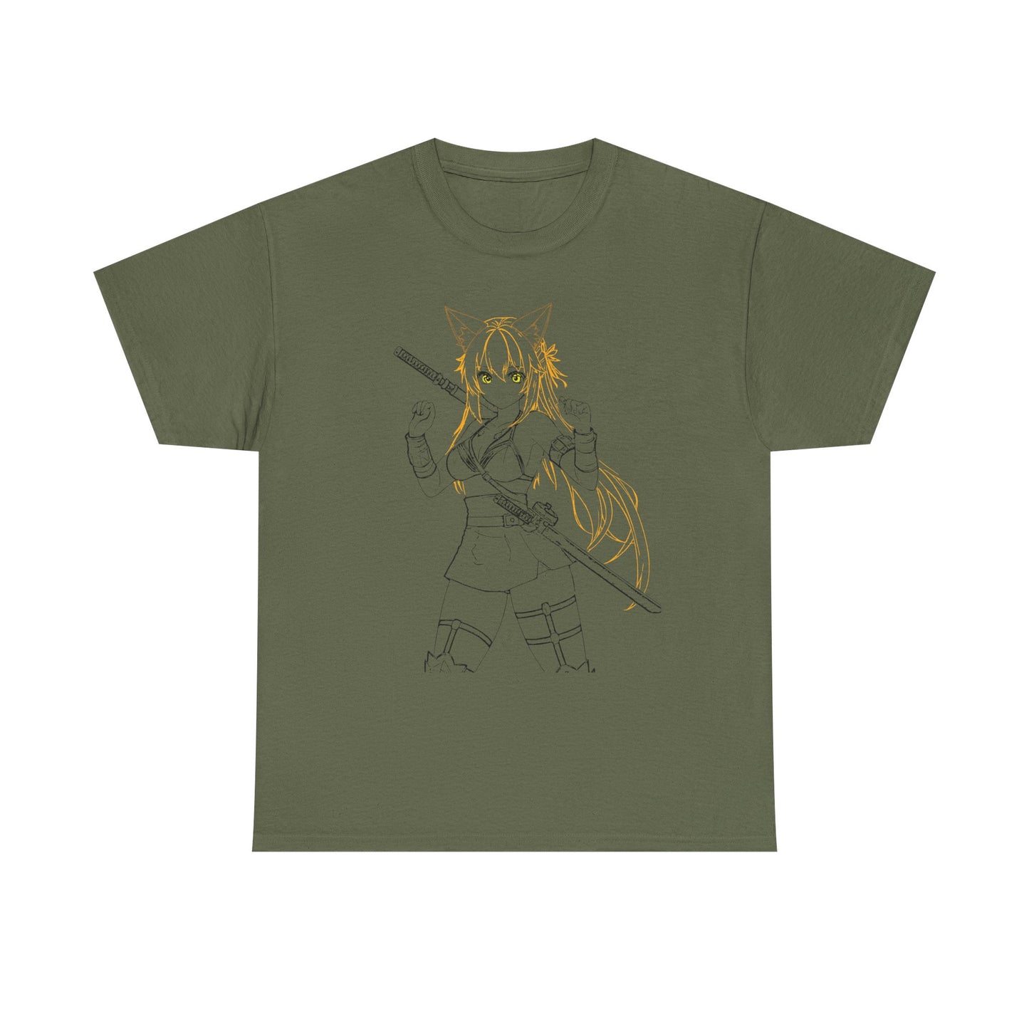 Cat-Eared Blade – Anime Warrior Power on Tees - Anime Samurai Unisex Heavy Cotton Tee, Cute Graphic T-Shirt, Comfortable Casual Wear, Gifts for Anime Lovers, Birthday Surprise