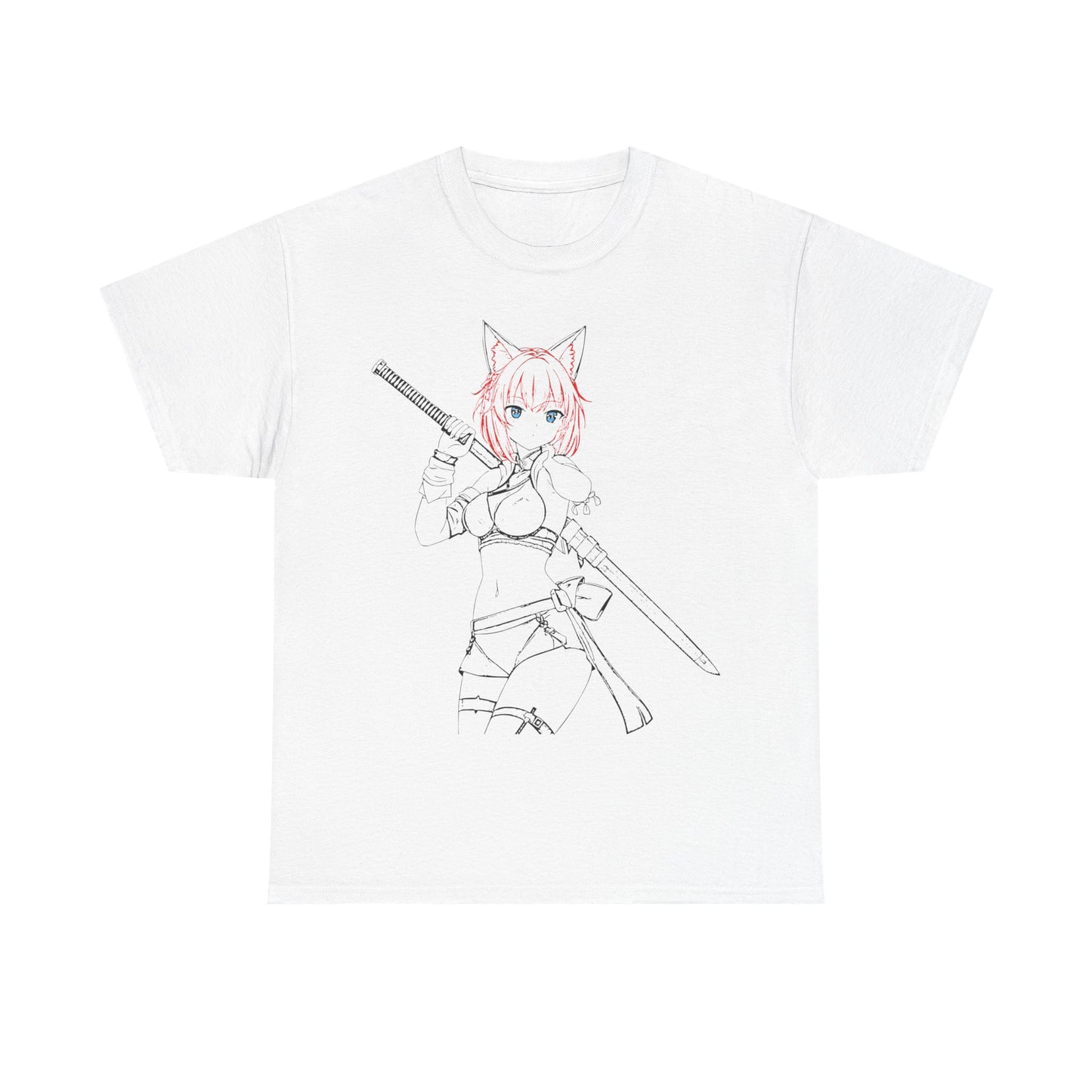 Blade & Whiskers: Unleash Courage and Cuteness with the Fierce Spirit of the Catgirl Warrior - Anime-Inspired Unisex Heavy Cotton Tee, Casual Wear, Gift for Gamers, Anime Lovers, Graphic Tee, Soft Cotton T-Shirt