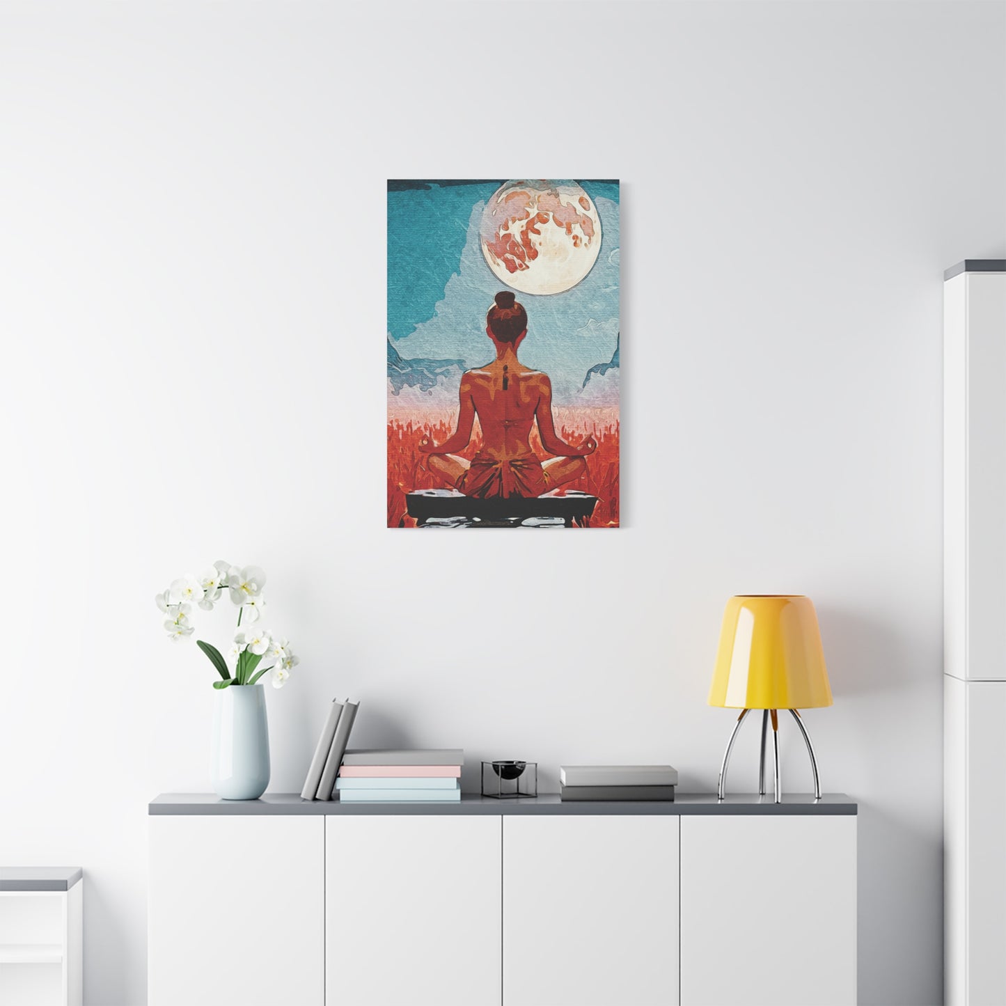 ✨Title: Serenity Under the Full Moon - Meditative Canvas Art Print, Wall Decor, Spiritual Home Decor, Yoga Room Art, Gift for Mindfulness Enthusiasts, Meditation Wall Art