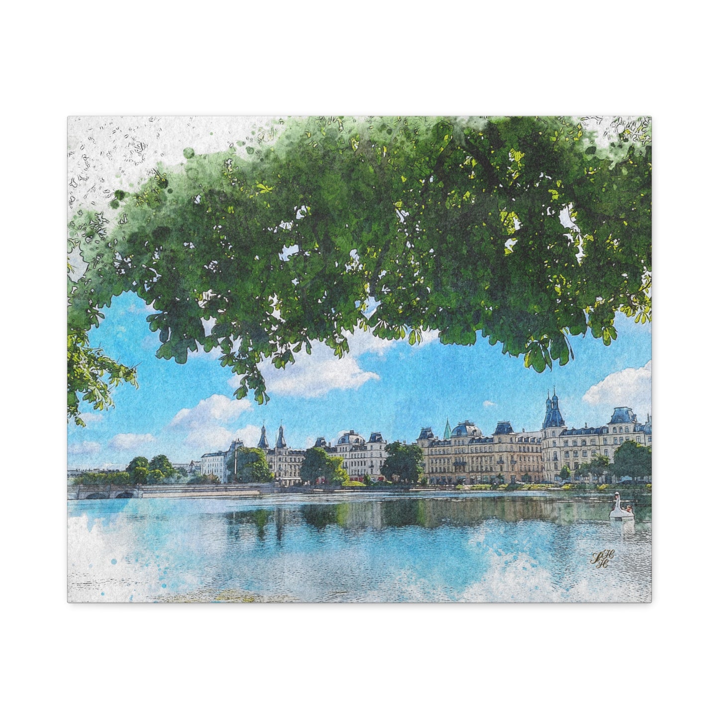 'The Lakes' Copenhagen - Canvas Print Watercolor Art -