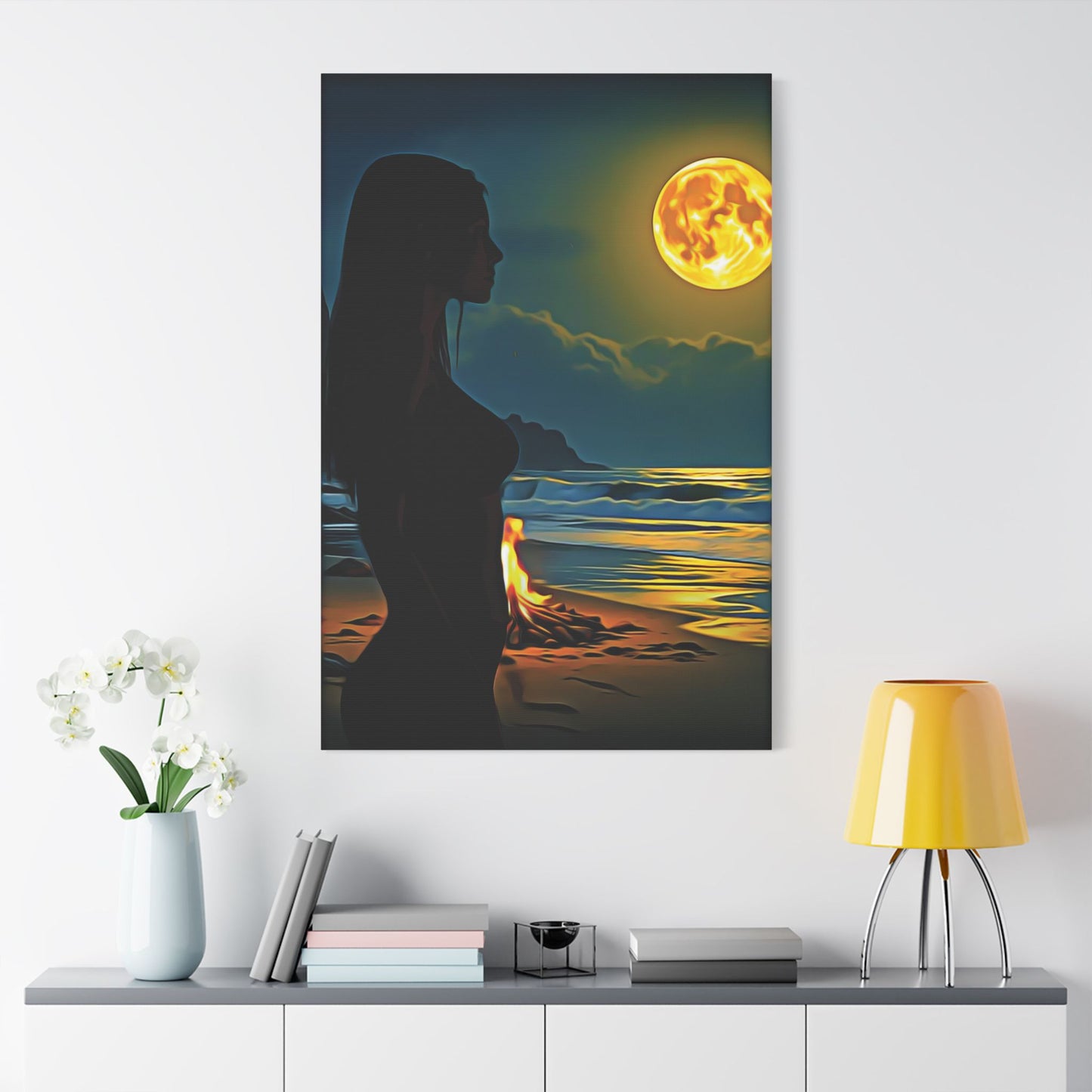 Moonfire Calm โ Where Ocean Light Meets Inner Glow ๐๐ฅ - Moonlit Beach Canvas Art, Nautical Decor for Home, Coastal Aesthetic, Perfect for Living Room, Gift for Ocean Lovers