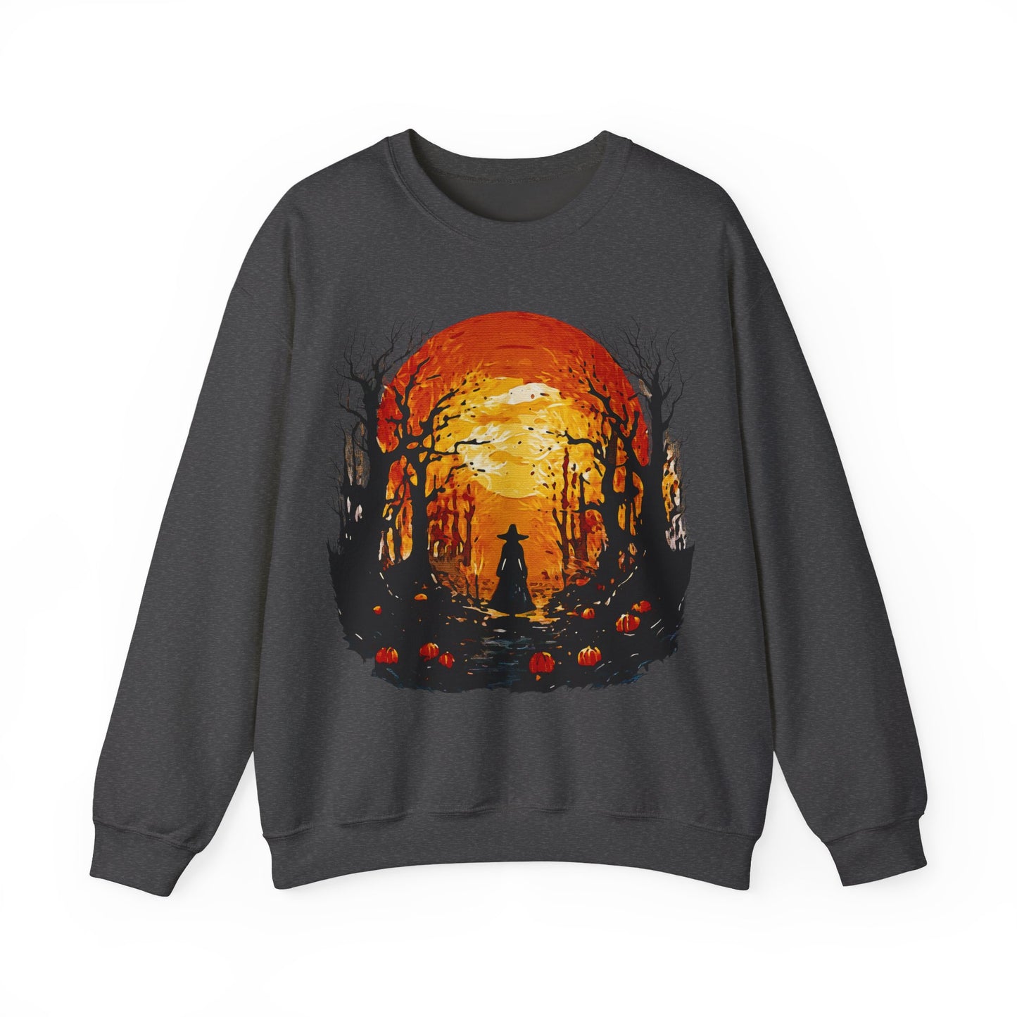 Moonlit Mischief: Autumn’s Enchanted Glow for Sweatshirts, mugs and more - Autumn Sunset Witch Sweatshirt - Cozy Unisex Crewneck for Fall, Halloween, Pumpkin Spice Lovers, Seasonal Fashion, Gift Idea