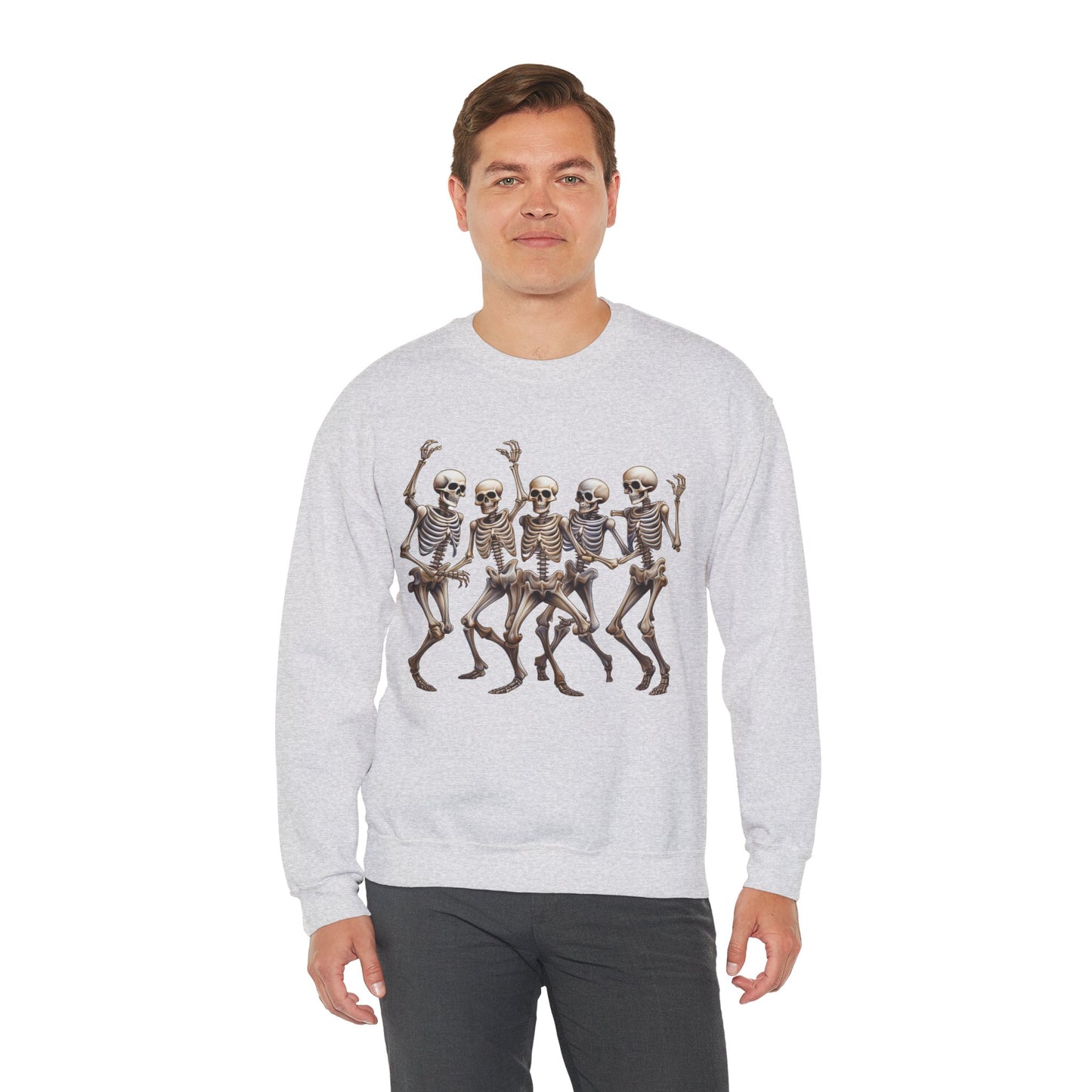 "Celebrate Life with Dancing Skeletons – Bold Apparel & Mugs that Spark Joy" - Halloween Skeleton Dance Crewneck Sweatshirt, Unisex Sweatshirt, Fall Fashion, Spooky Season Apparel, Gift for Halloween Lovers