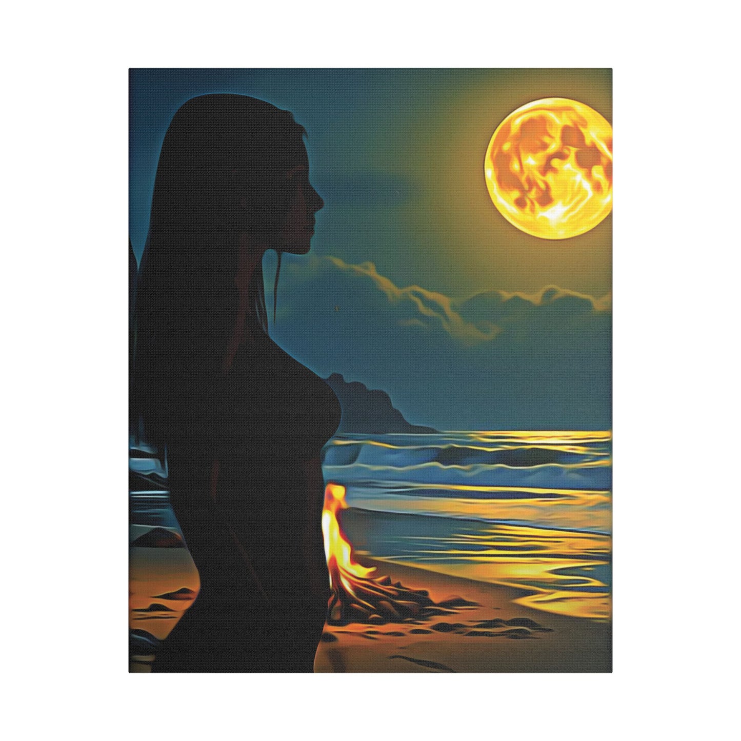 Moonfire Calm โ Where Ocean Light Meets Inner Glow ๐๐ฅ - Moonlit Beach Canvas Art, Nautical Decor for Home, Coastal Aesthetic, Perfect for Living Room, Gift for Ocean Lovers