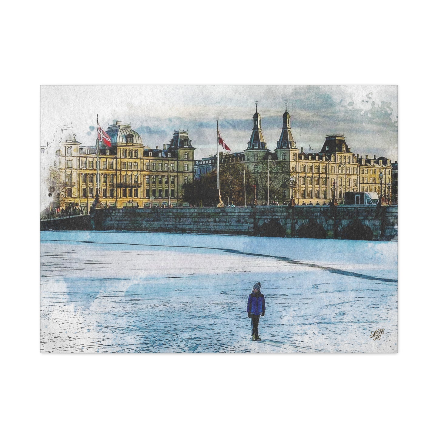 'Winter on 'The Lakes' Copenhagen - Canvas Print Watercolor Art