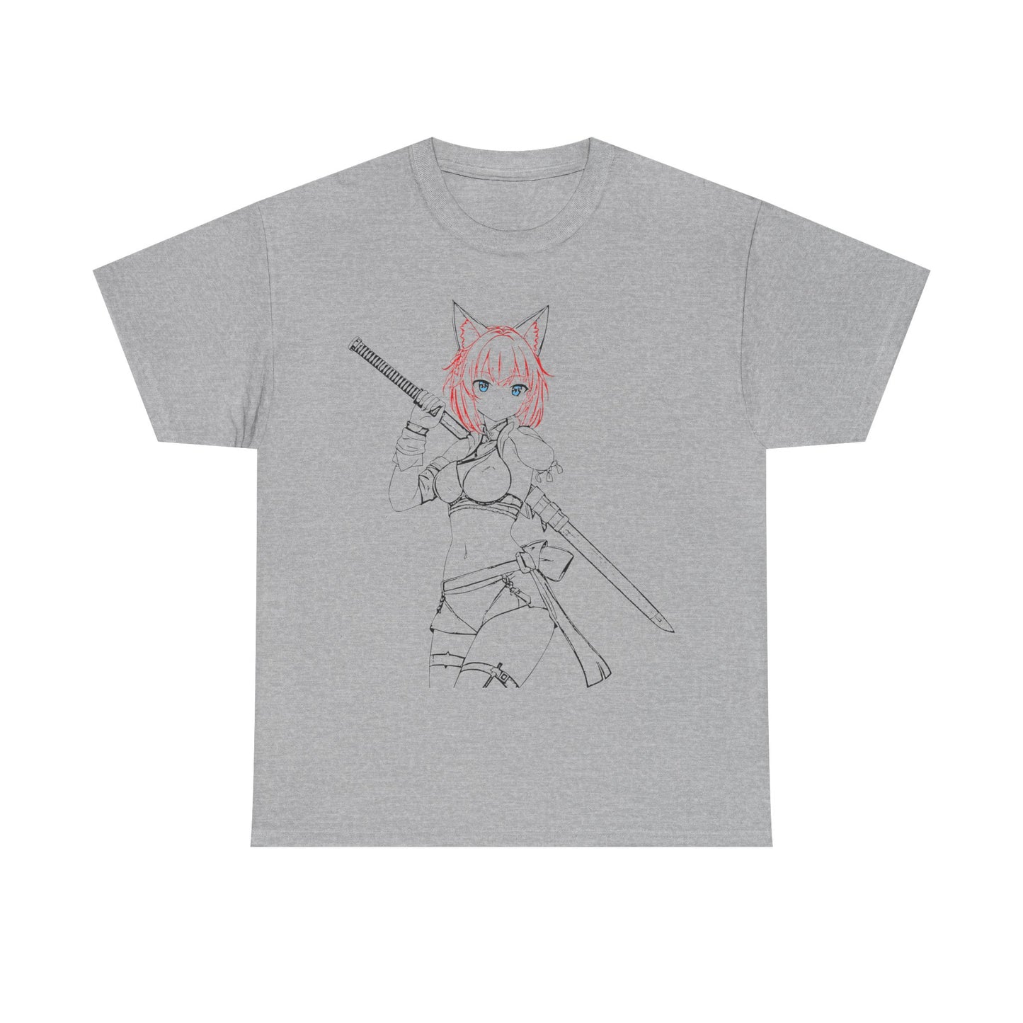 Blade & Whiskers: Unleash Courage and Cuteness with the Fierce Spirit of the Catgirl Warrior - Anime-Inspired Unisex Heavy Cotton Tee, Casual Wear, Gift for Gamers, Anime Lovers, Graphic Tee, Soft Cotton T-Shirt