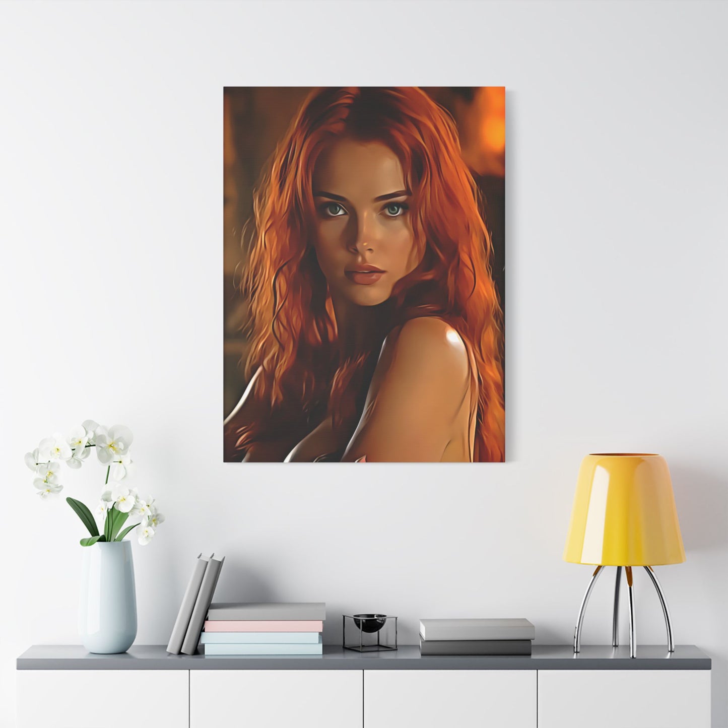 Fiery Muse: Ignite Your Passion with the Radiant Gaze of the Crimson Enchantress - Stretched Canvas Art Print, Vibrant Wall Decor, Art for Living Room, Unique Gift for Art Lovers, Home Decor