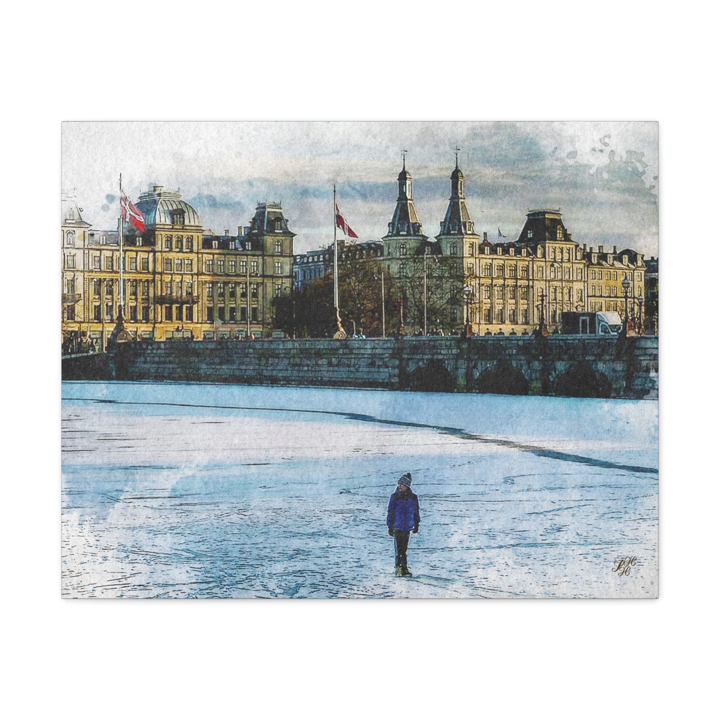'Winter on 'The Lakes' Copenhagen - Canvas Print Watercolor Art
