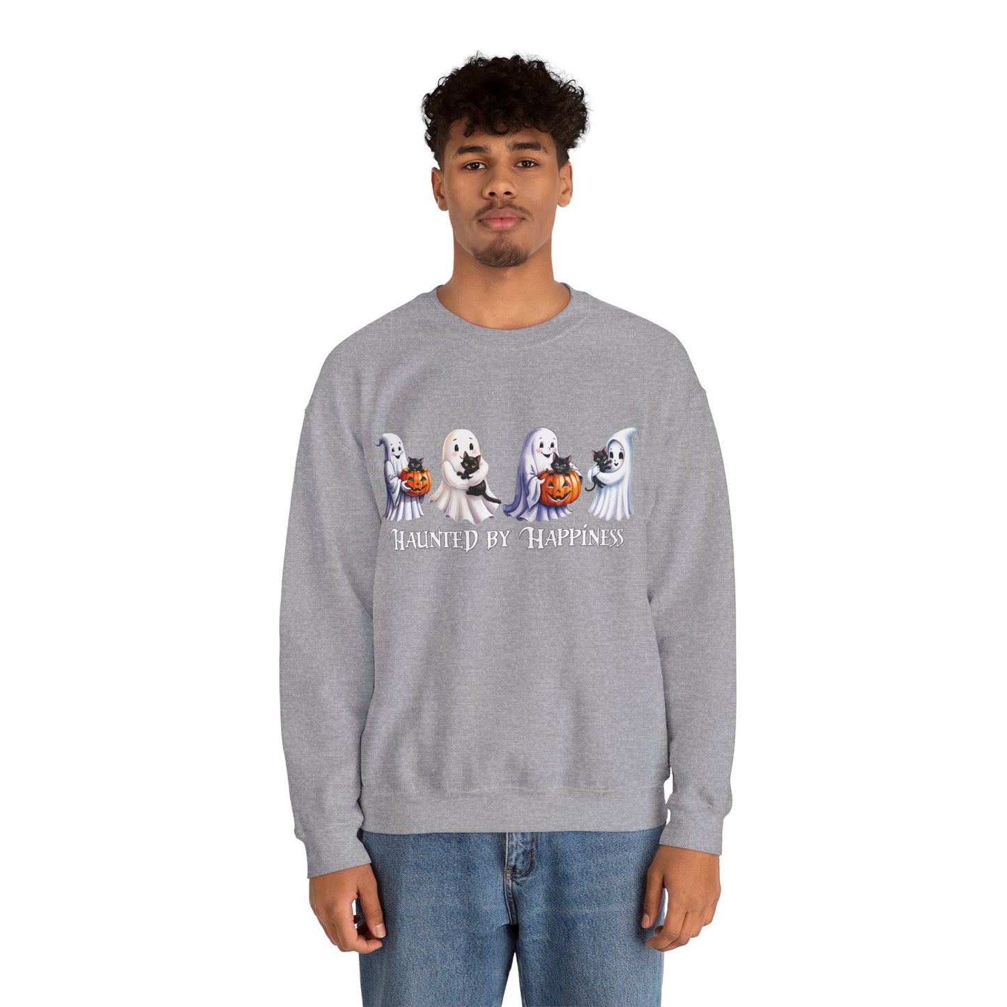 π» Haunted by Happiness: Ghosts of Joy and Candy - Halloween Ghosts Sweatshirt, Cozy Crewneck, Autumn Apparel, Spooky Season Gift, Unisex Sweatshirt for Fall Celebrations