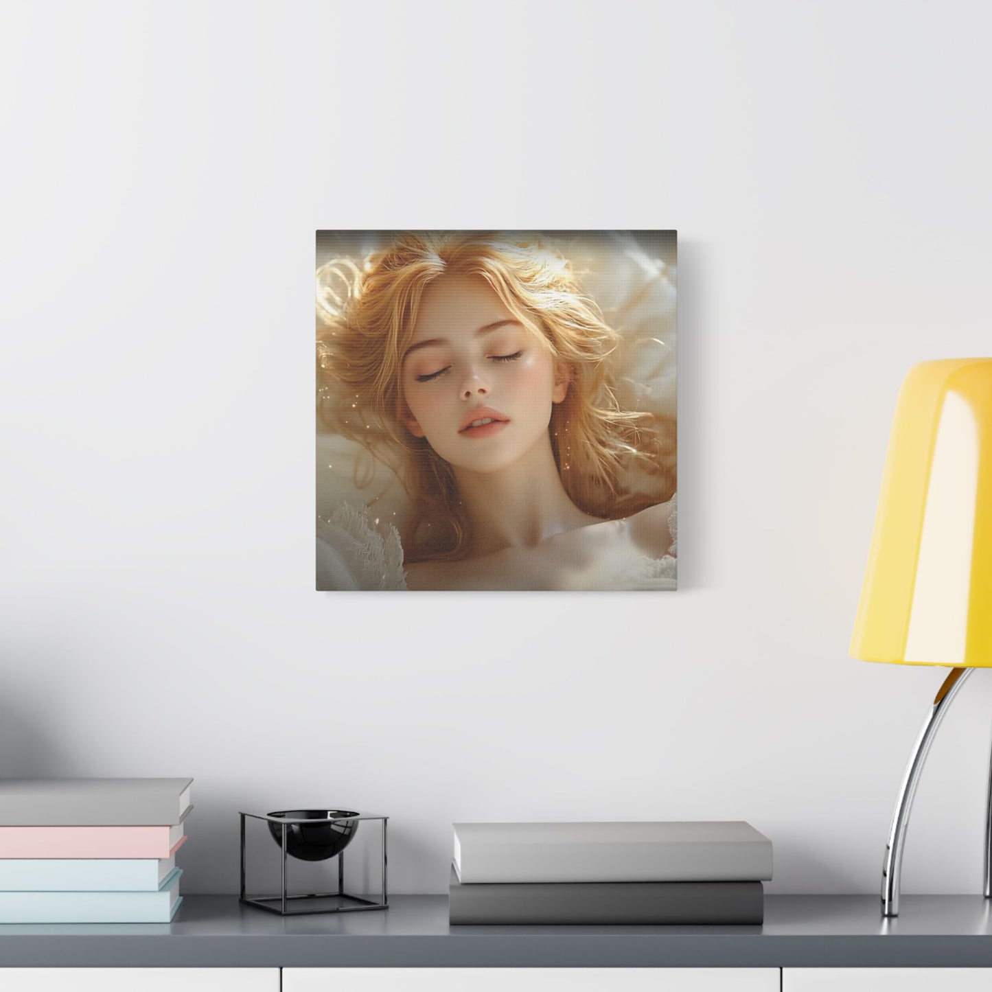 Halo Dreams β Ethereal Glow and Blonde Serenity in Stillness πβ¨ - Satin Canvas Wall Art, Dreamy Portrait Print, Elegant Home Decor, Relaxing Bedroom Decor, Gift for Art Lovers, Serene Wall Hanging