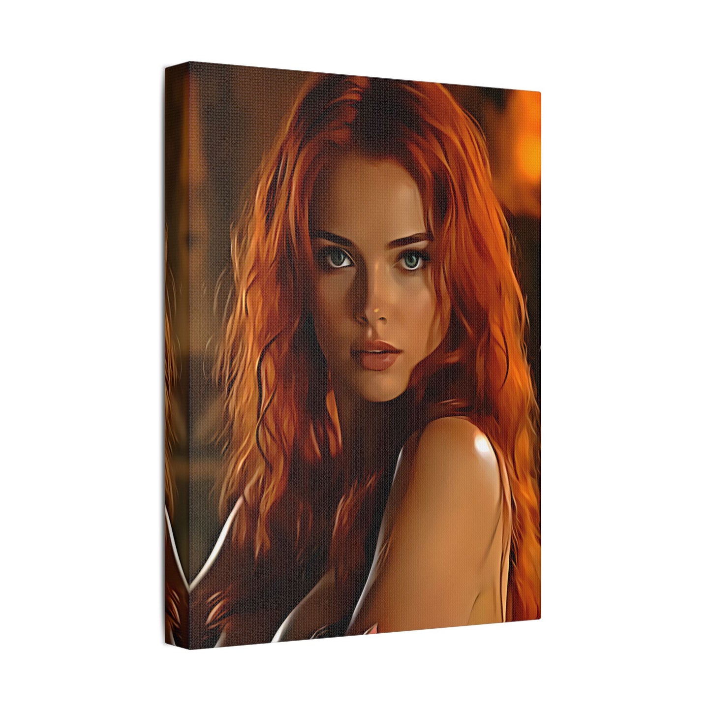 Fiery Muse: Ignite Your Passion with the Radiant Gaze of the Crimson Enchantress - Stretched Canvas Art Print, Vibrant Wall Decor, Art for Living Room, Unique Gift for Art Lovers, Home Decor