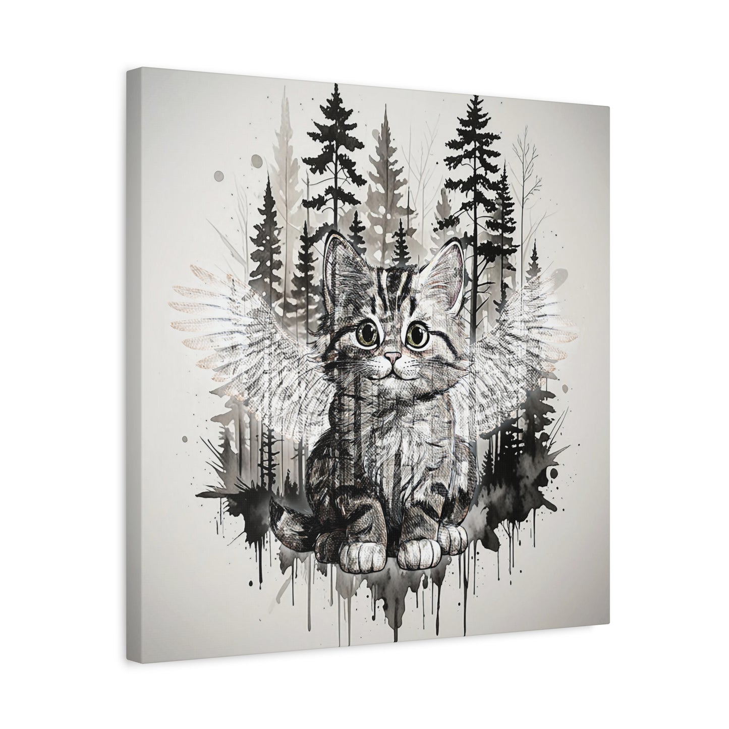 Your personal Guardian Cat Canvas Wall Art - 1.25" Stretched Matte Print with Angel Wings and Forest Theme