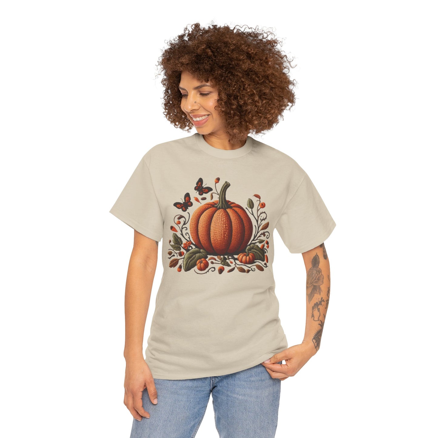 Pumpkin & Botanical Bliss โ Autumnโs Cozy Charm ๐๐ - Autumn Pumpkin Tee, Fall T-Shirt, Halloween Shirt, Thanksgiving Gift, Unisex Heavy Cotton Tee