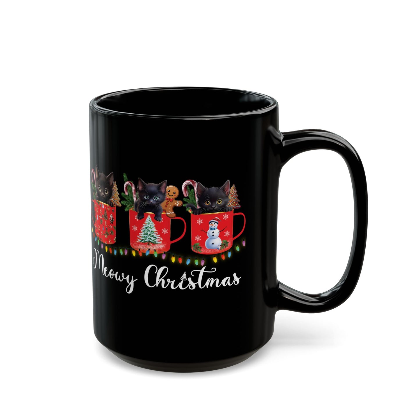 Meowy Christmas Cat Mug - Festive Black Coffee Cup (11oz, 15oz)
