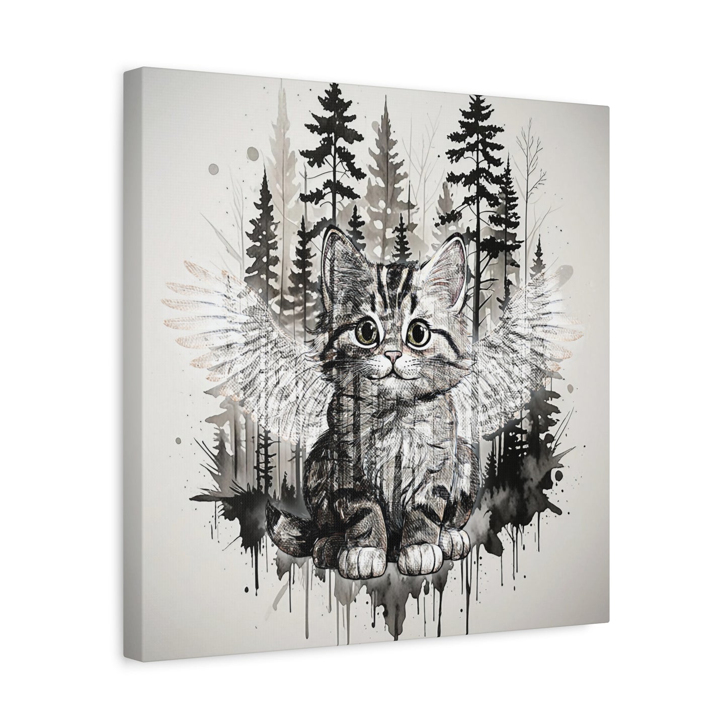 Your personal Guardian Cat Canvas Wall Art - 1.25" Stretched Matte Print with Angel Wings and Forest Theme