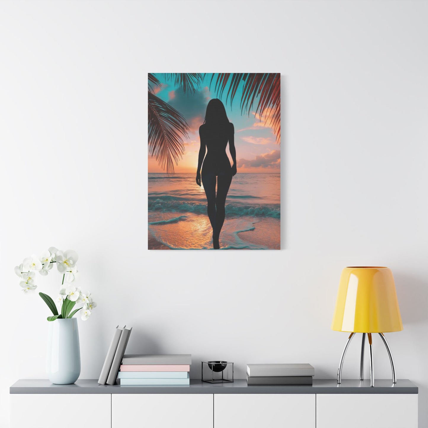 Sunset Spirit – Where Silhouettes and Palm Dreams Meet the Sea - Beach Sunset Canvas Art, Coastal Wall Decor, Tropical Home Decor, Silhouette Print, Relaxing Artwork, Perfect Gift for Nature Lovers