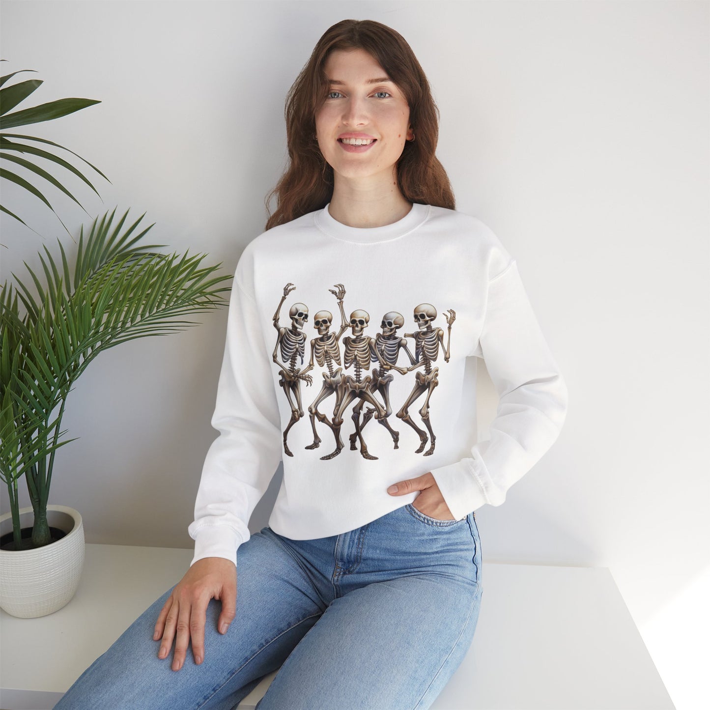 "Celebrate Life with Dancing Skeletons – Bold Apparel & Mugs that Spark Joy" - Halloween Skeleton Dance Crewneck Sweatshirt, Unisex Sweatshirt, Fall Fashion, Spooky Season Apparel, Gift for Halloween Lovers