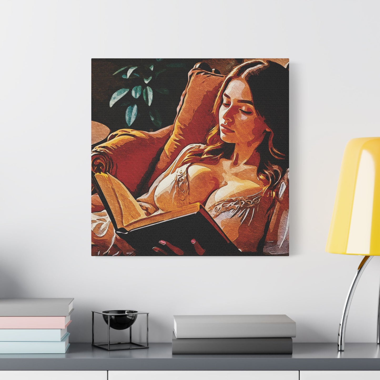 "Golden Hour Reading: Cozy Literary Escape Where Stories Come Alive in Warm Autumn Light" - Elegant Satin Canvas Artwork, Home Decor, Wall Art, Gallery Ready, Gift for Art Lovers, Cozy Vibes, Living Room Decoration