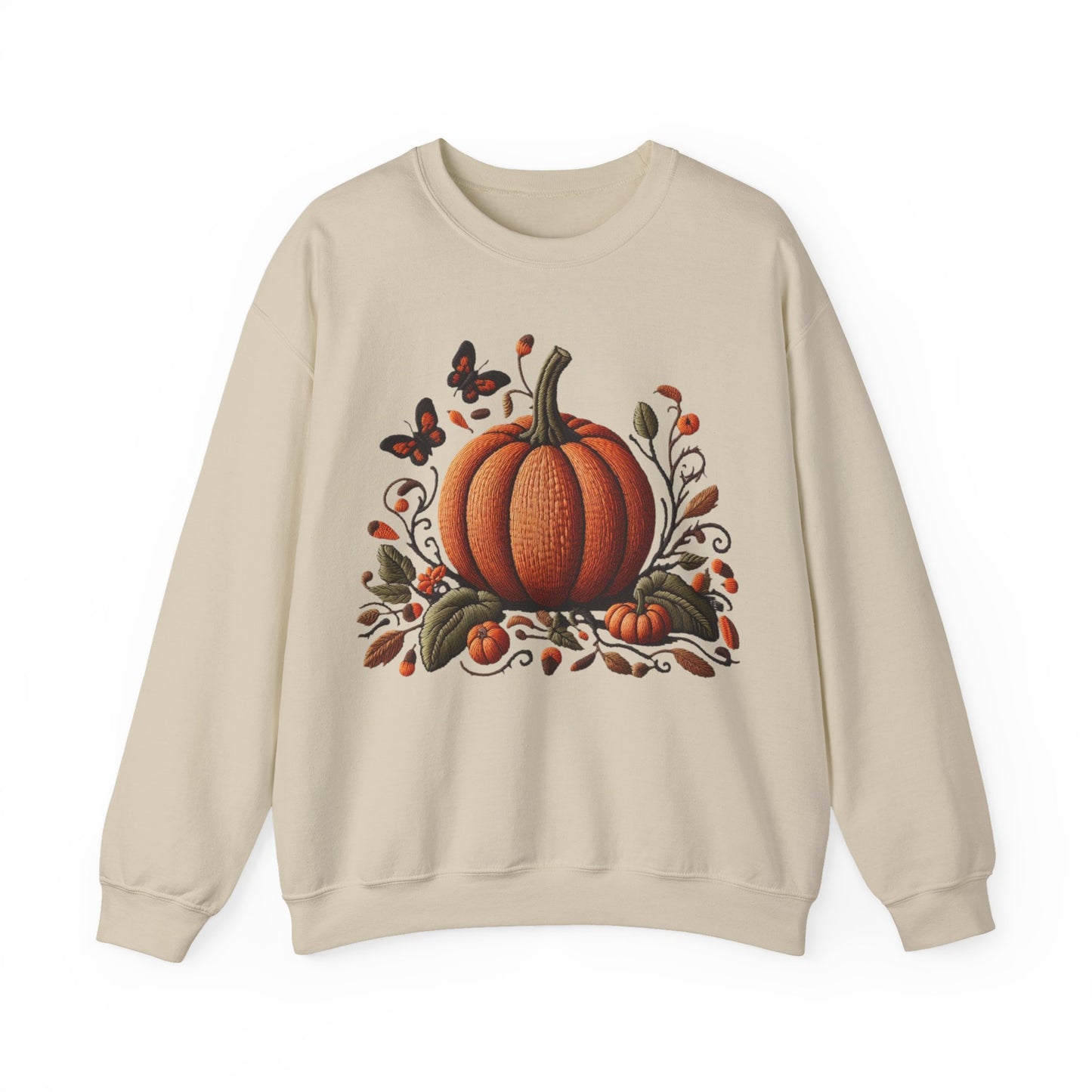 Pumpkin & Botanical Bliss โ Autumnโs Cozy Charm ๐๐ - Autumn Pumpkin Sweatshirt - Cozy Fall Apparel, Unisex Crewneck, Thanksgiving Gift, Seasonal Fashion, Pumpkin Patch Style