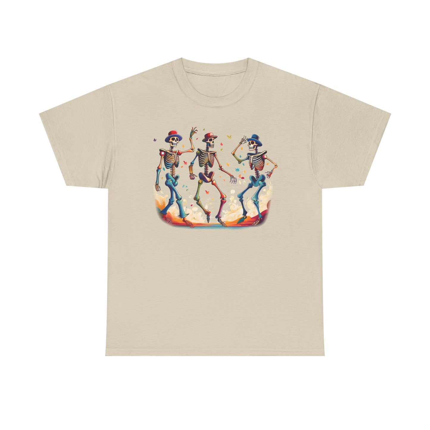 Dancing Skeletons Halloween Party - Spooky Fun Celebration Art - Festive Autumn Spirit Collection - Colorful Skeleton Dance Tee, Casual Halloween T-Shirt, Unique Gift for Parties, Unisex Graphic Shirt, Fun Everyday Wear