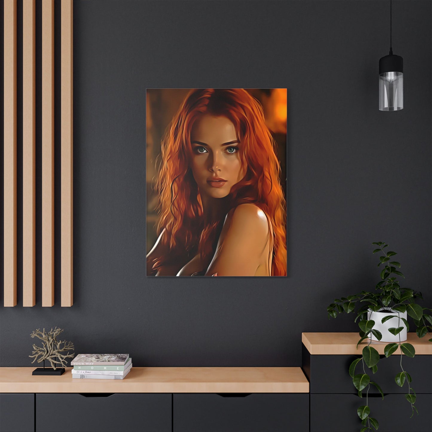 Fiery Muse: Ignite Your Passion with the Radiant Gaze of the Crimson Enchantress - Stretched Canvas Art Print, Vibrant Wall Decor, Art for Living Room, Unique Gift for Art Lovers, Home Decor