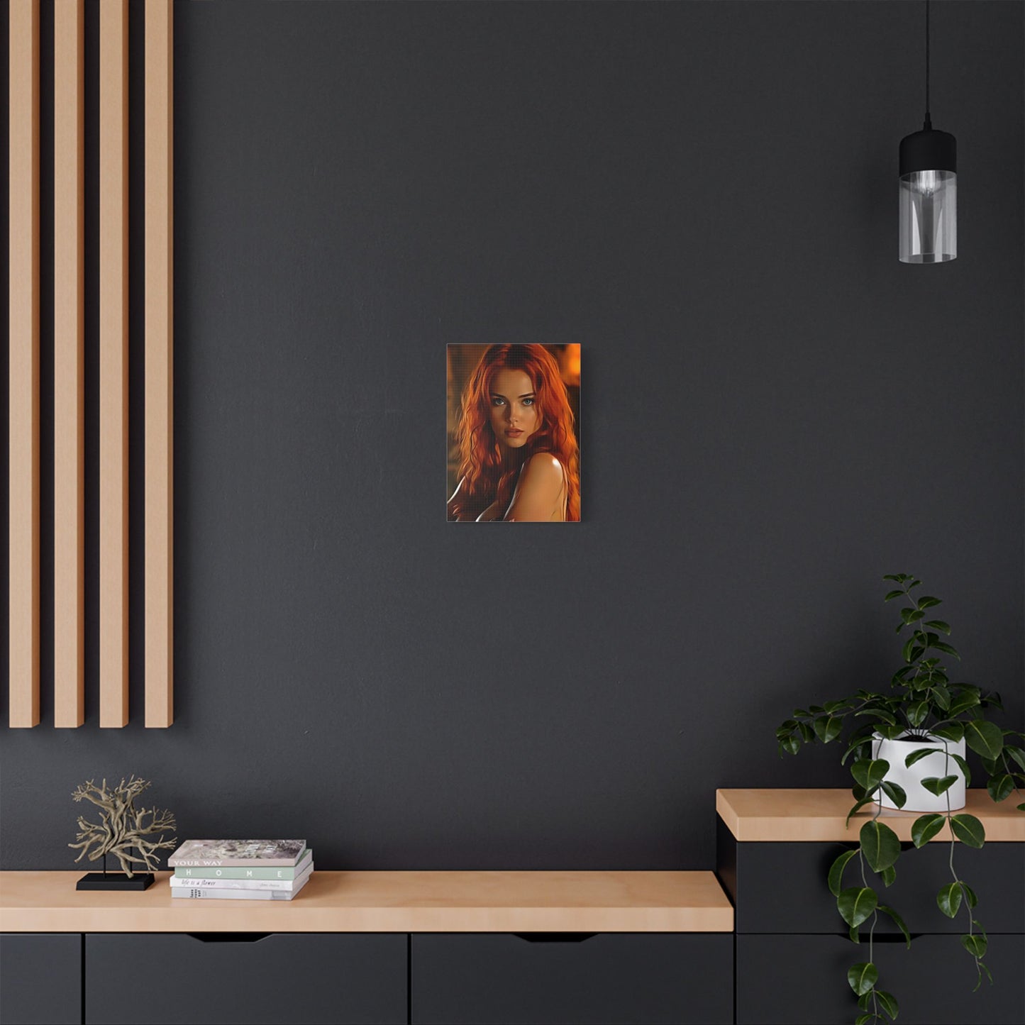 Fiery Muse: Ignite Your Passion with the Radiant Gaze of the Crimson Enchantress - Stretched Canvas Art Print, Vibrant Wall Decor, Art for Living Room, Unique Gift for Art Lovers, Home Decor