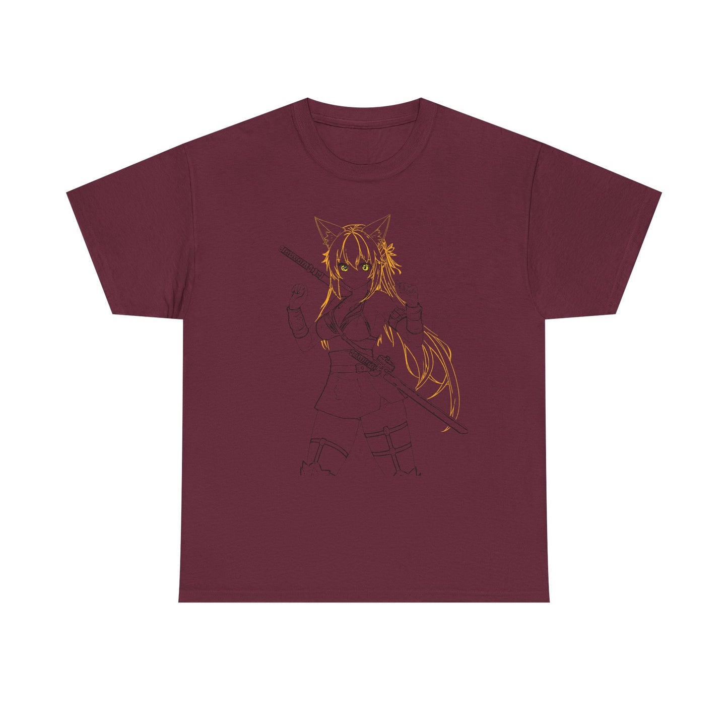 Cat-Eared Blade – Anime Warrior Power on Tees - Anime Samurai Unisex Heavy Cotton Tee, Cute Graphic T-Shirt, Comfortable Casual Wear, Gifts for Anime Lovers, Birthday Surprise