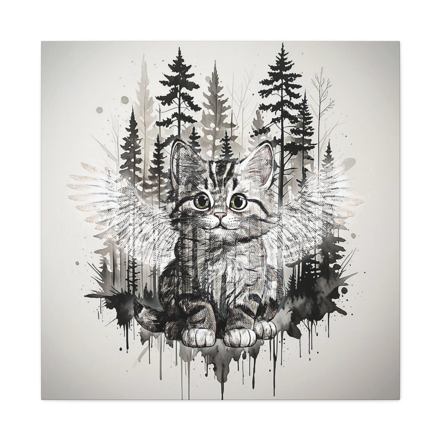 Your personal Guardian Cat Canvas Wall Art - 1.25" Stretched Matte Print with Angel Wings and Forest Theme