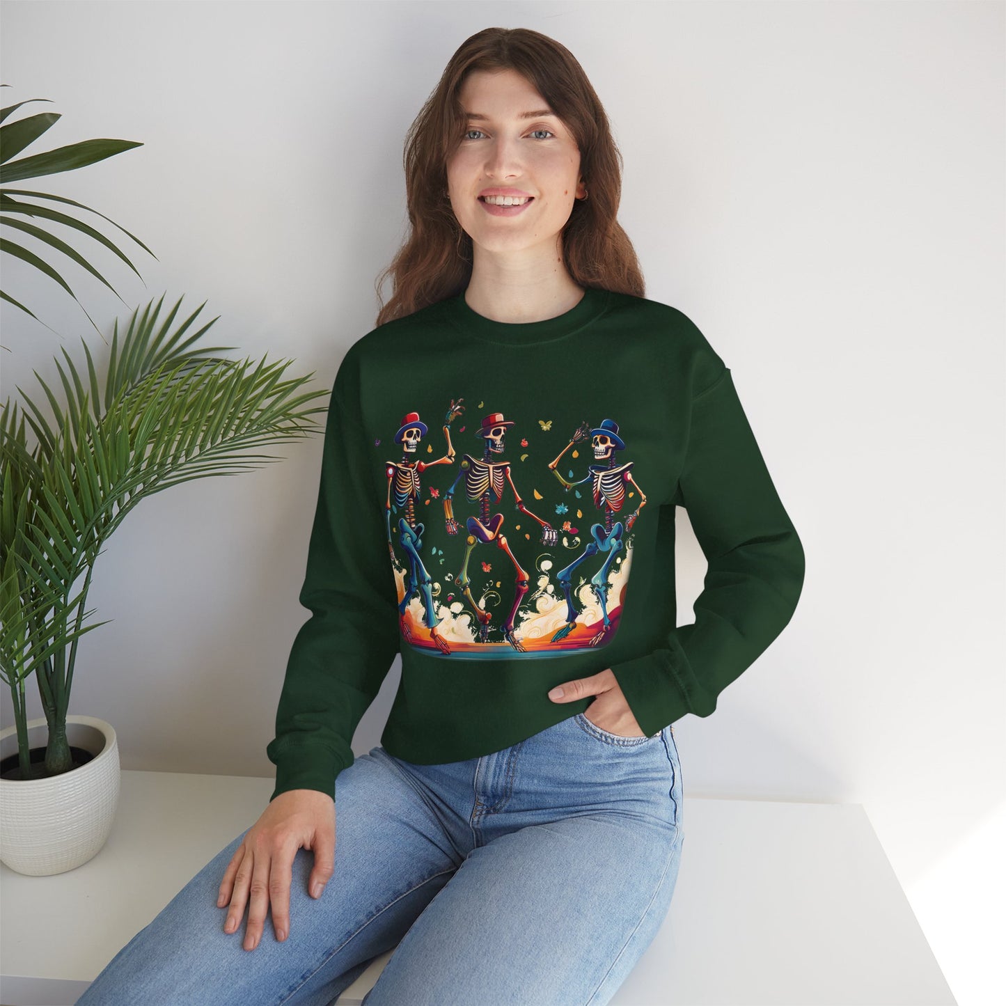 Dancing Skeletons Halloween Party - Spooky Fun Celebration Art - Festive Autumn Spirit Collection - Spooky Skeleton Dance Crewneck Sweatshirt, Halloween Sweatshirt, Unisex Fall Apparel, Casual Skeleton Top, Fun Halloween Gift