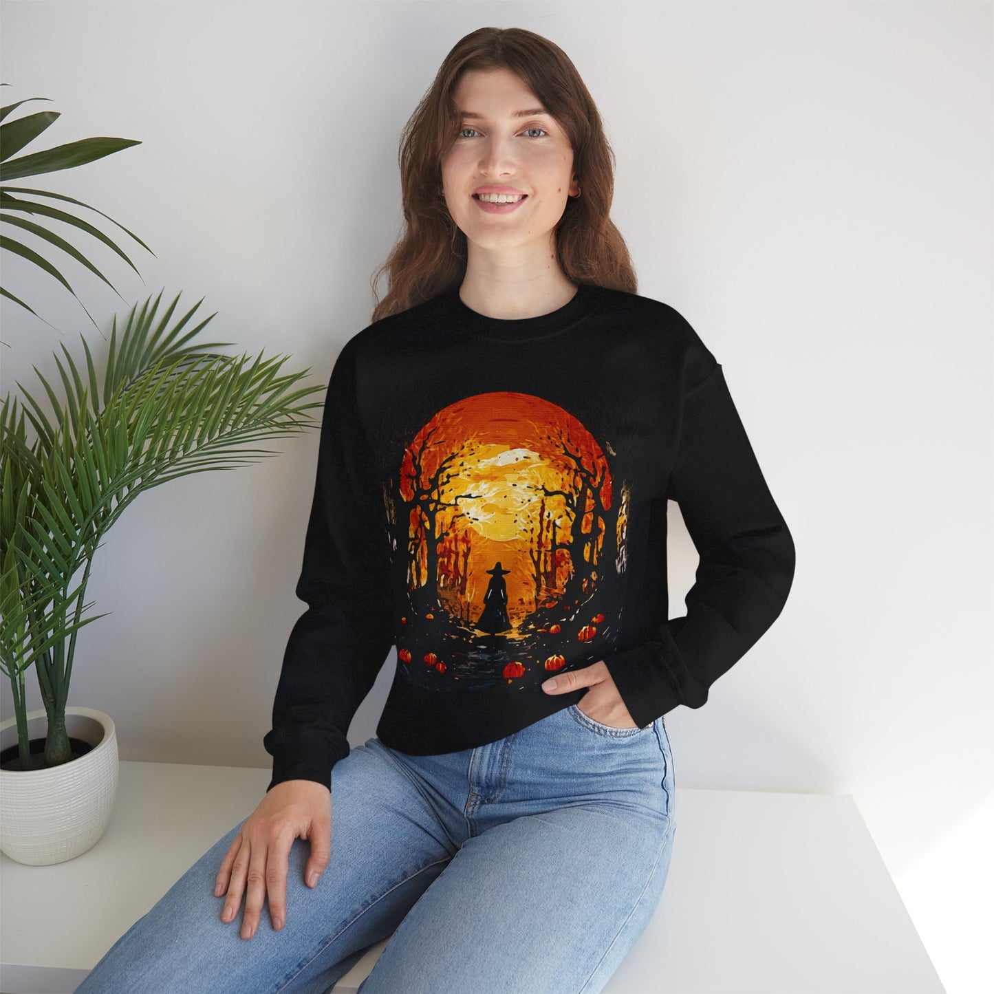 Moonlit Mischief: Autumn’s Enchanted Glow for Sweatshirts, mugs and more - Autumn Sunset Witch Sweatshirt - Cozy Unisex Crewneck for Fall, Halloween, Pumpkin Spice Lovers, Seasonal Fashion, Gift Idea