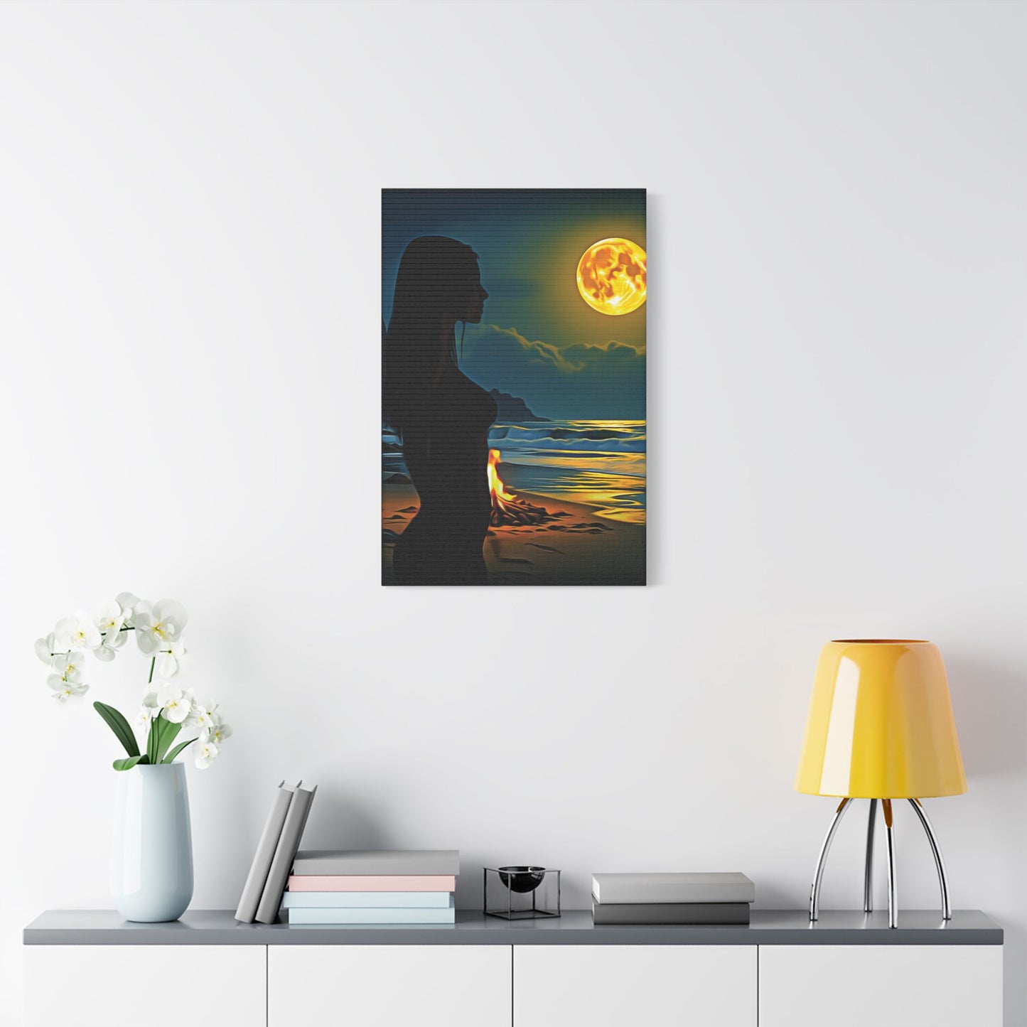 Moonfire Calm โ Where Ocean Light Meets Inner Glow ๐๐ฅ - Moonlit Beach Canvas Art, Nautical Decor for Home, Coastal Aesthetic, Perfect for Living Room, Gift for Ocean Lovers