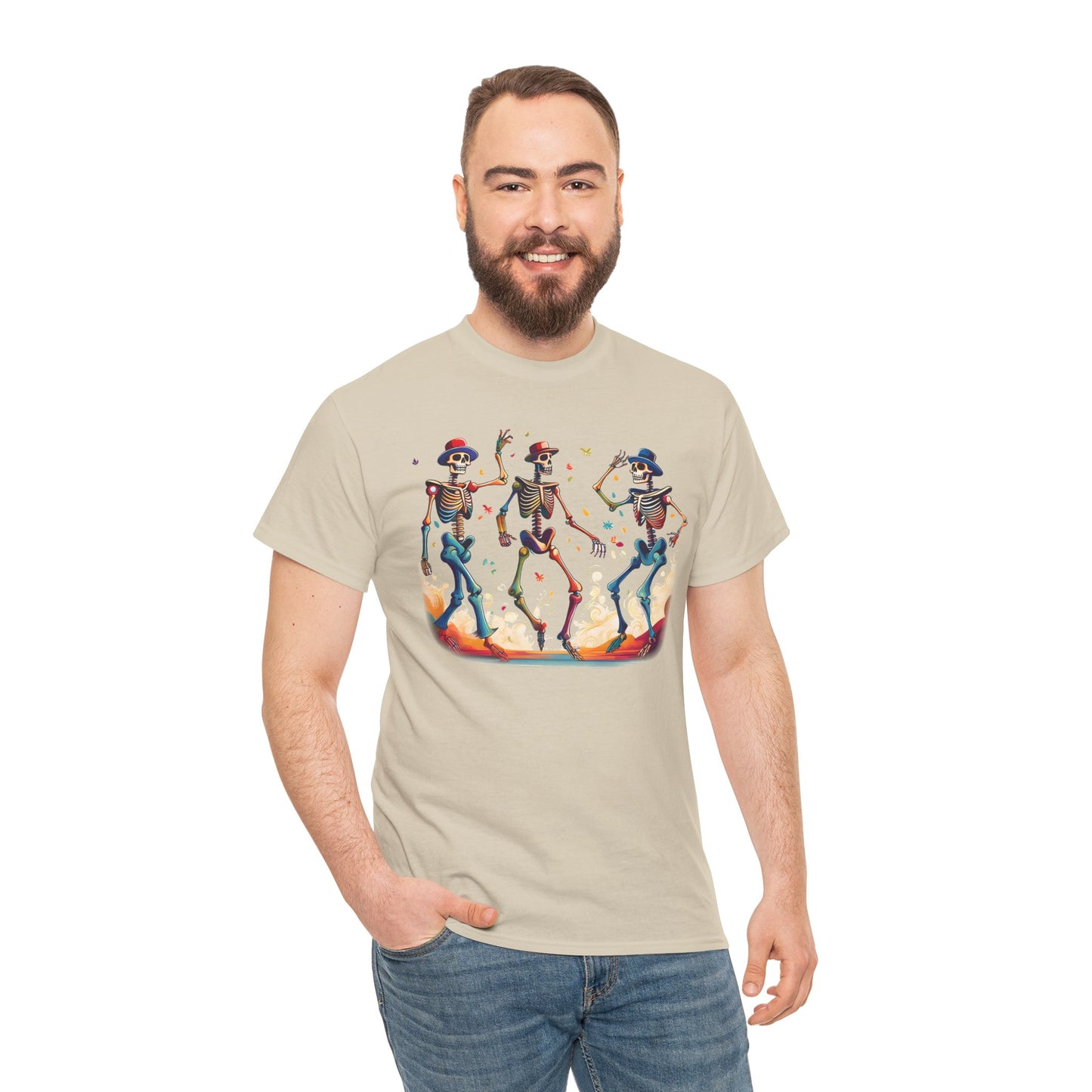Dancing Skeletons Halloween Party - Spooky Fun Celebration Art - Festive Autumn Spirit Collection - Colorful Skeleton Dance Tee, Casual Halloween T-Shirt, Unique Gift for Parties, Unisex Graphic Shirt, Fun Everyday Wear