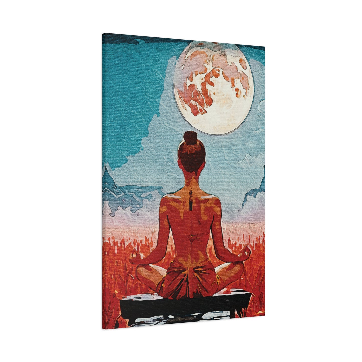✨Title: Serenity Under the Full Moon - Meditative Canvas Art Print, Wall Decor, Spiritual Home Decor, Yoga Room Art, Gift for Mindfulness Enthusiasts, Meditation Wall Art