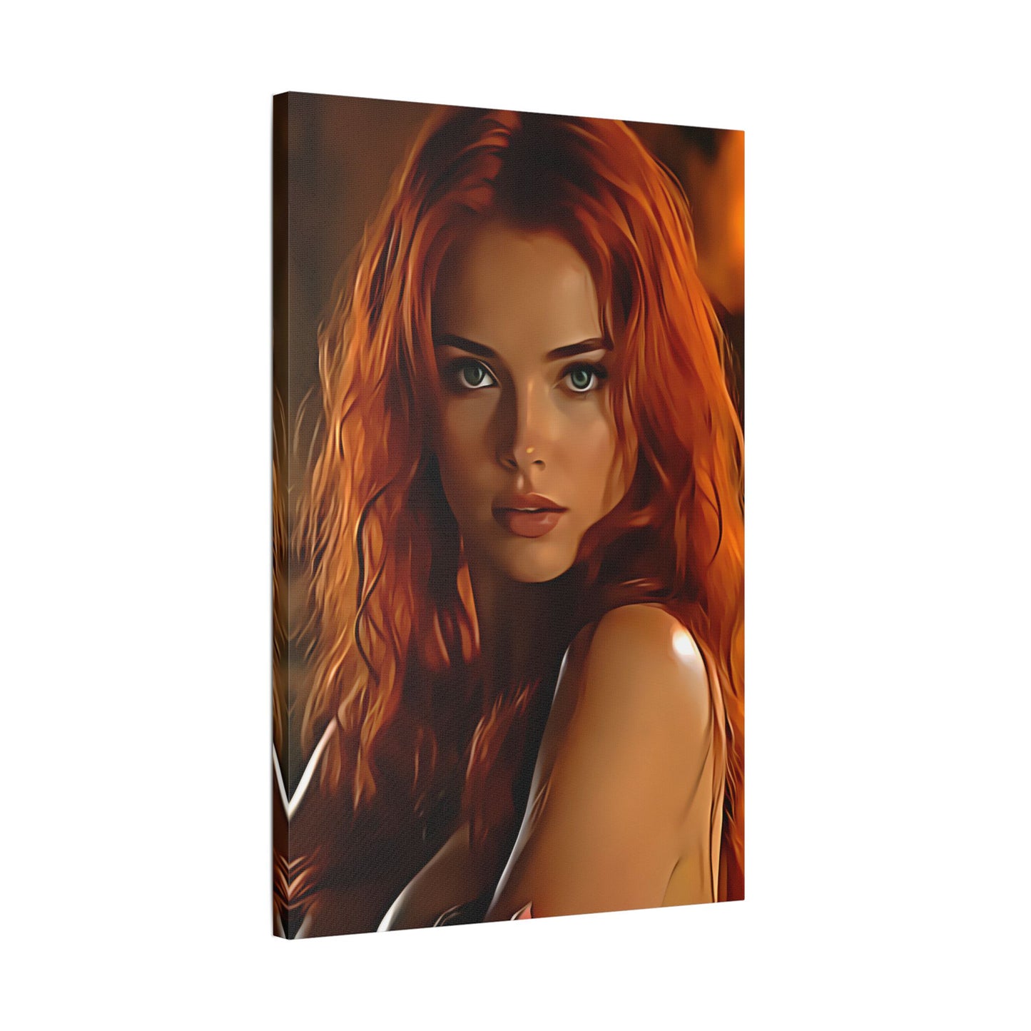 Fiery Muse: Ignite Your Passion with the Radiant Gaze of the Crimson Enchantress - Stretched Canvas Art Print, Vibrant Wall Decor, Art for Living Room, Unique Gift for Art Lovers, Home Decor