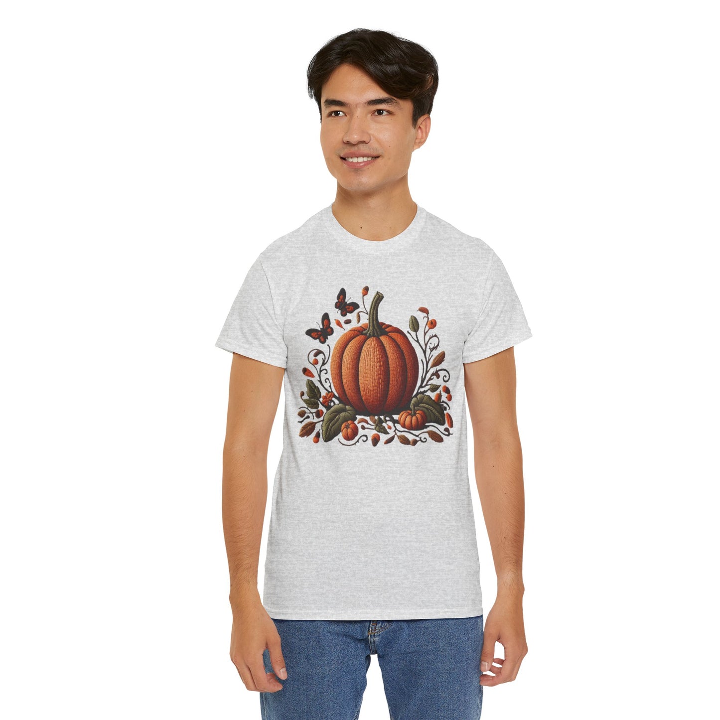 Pumpkin & Botanical Bliss โ Autumnโs Cozy Charm ๐๐ - Autumn Pumpkin Tee, Fall T-Shirt, Halloween Shirt, Thanksgiving Gift, Unisex Heavy Cotton Tee