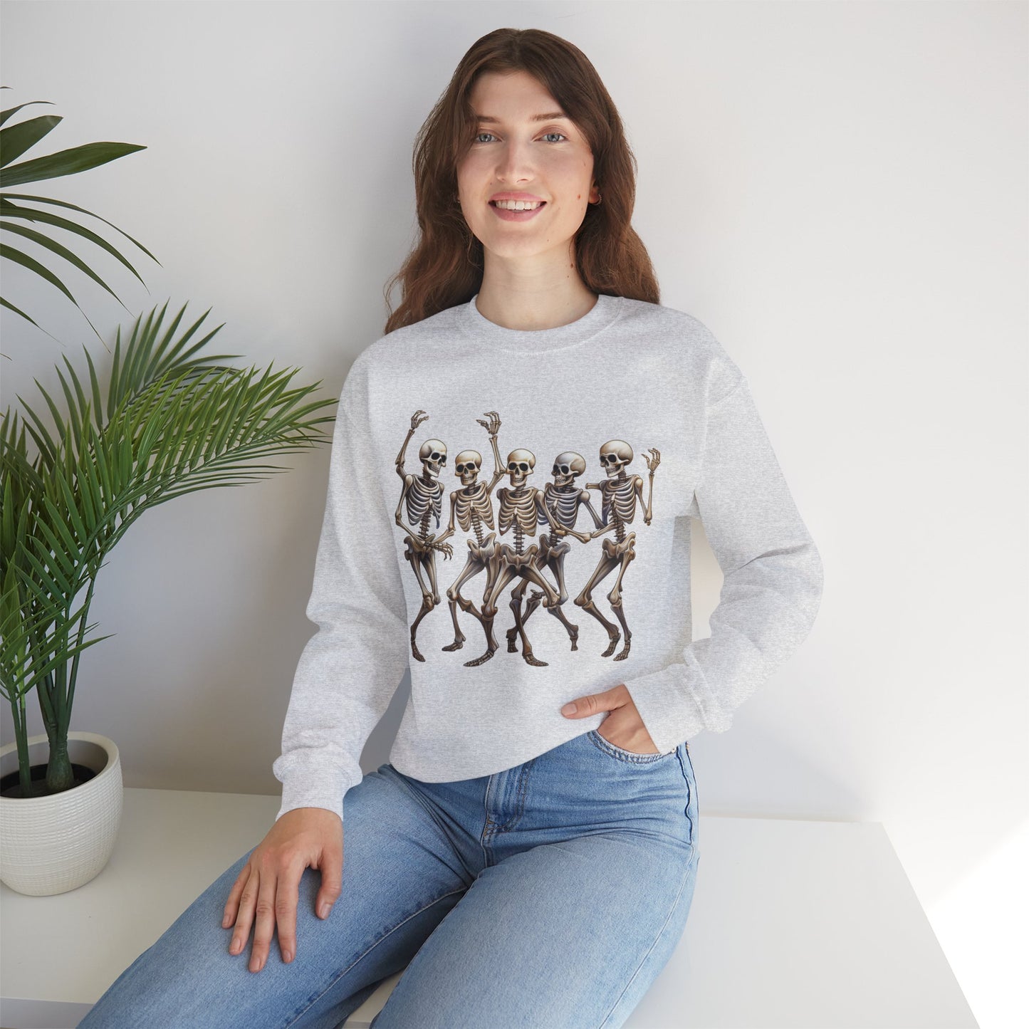 "Celebrate Life with Dancing Skeletons – Bold Apparel & Mugs that Spark Joy" - Halloween Skeleton Dance Crewneck Sweatshirt, Unisex Sweatshirt, Fall Fashion, Spooky Season Apparel, Gift for Halloween Lovers