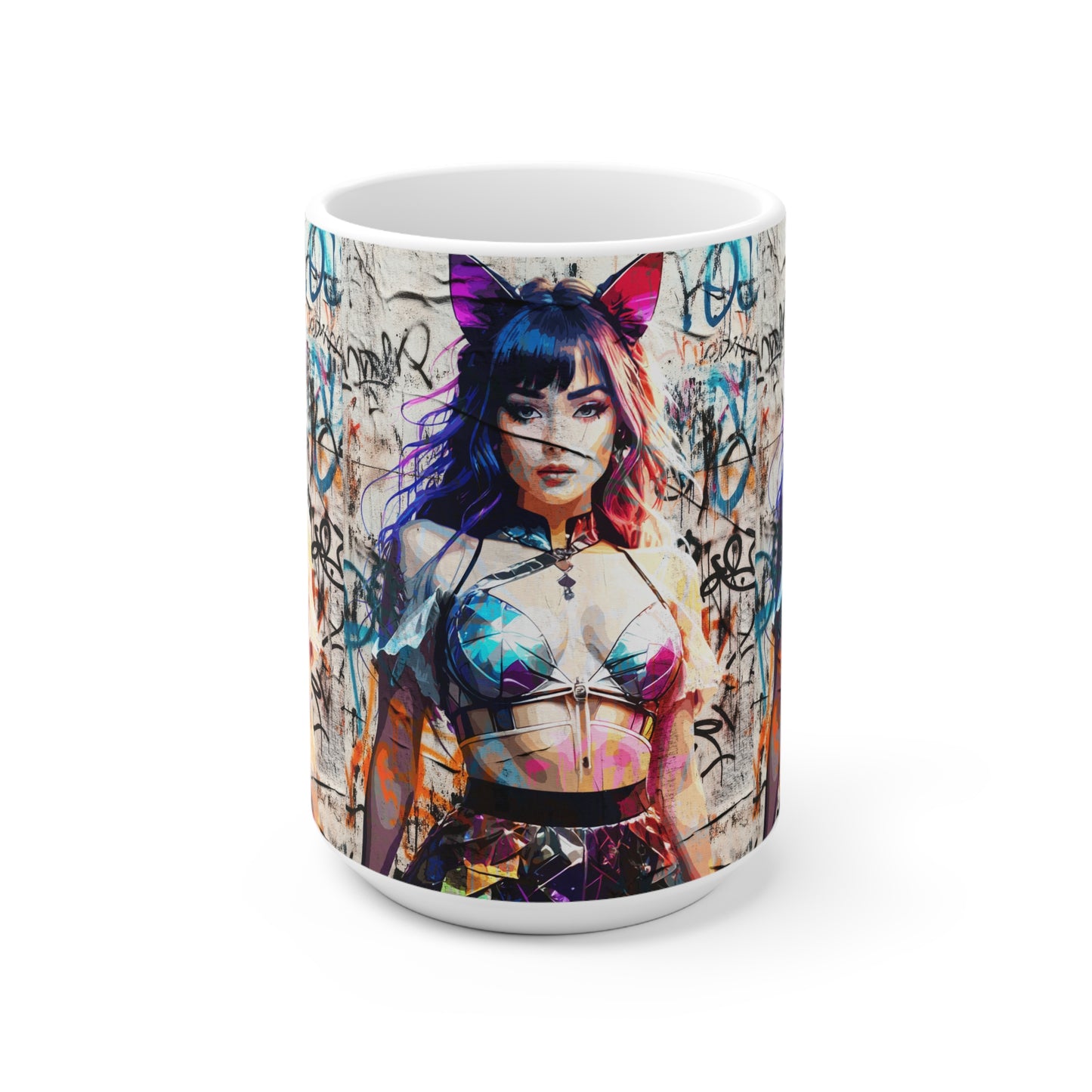 Ceramic Mug - 'Prismatic Feline Enchantress' Anime-Inspired Kaleidoscope Catgirl Cyberpunk Neon Artwork