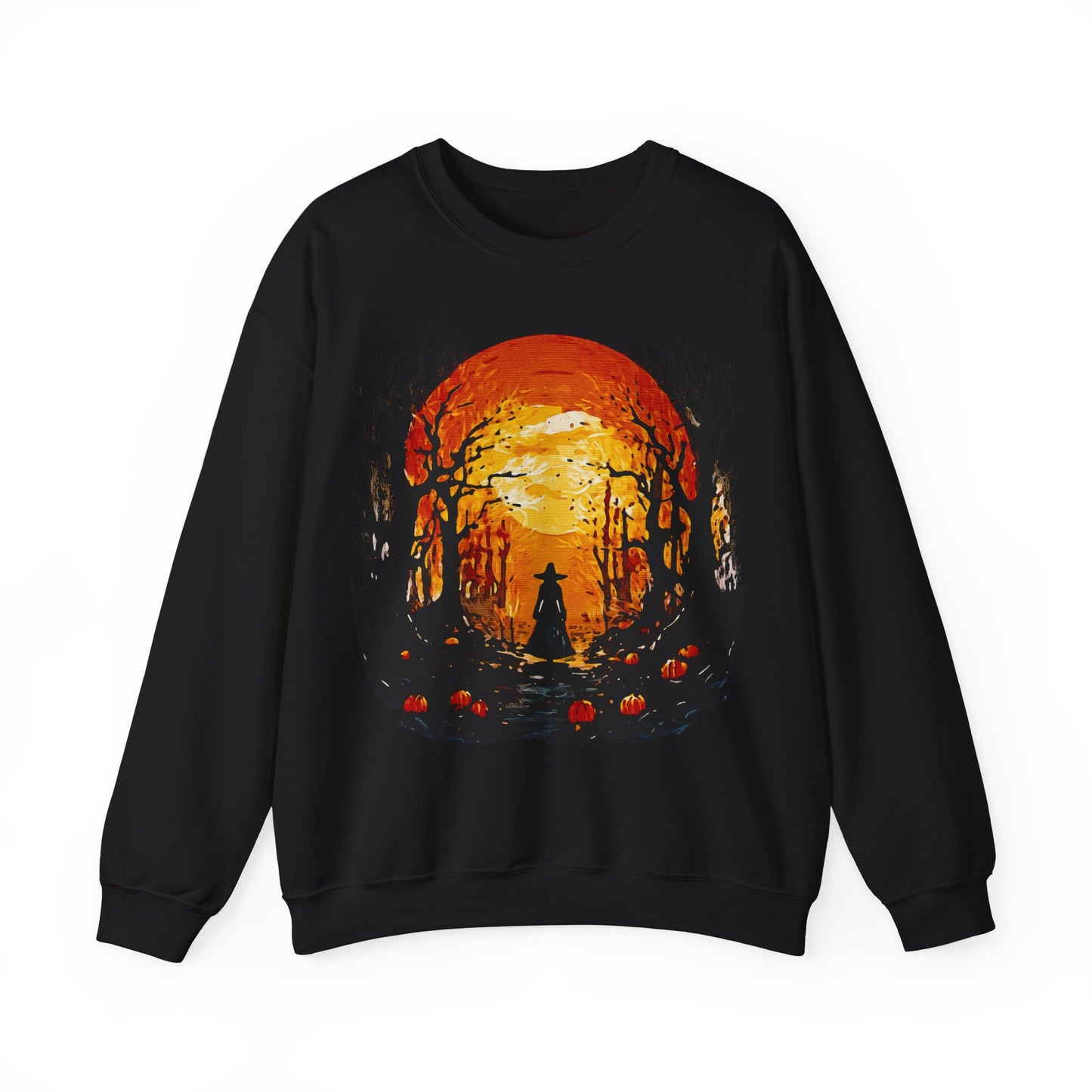 Moonlit Mischief: Autumn’s Enchanted Glow for Sweatshirts, mugs and more - Autumn Sunset Witch Sweatshirt - Cozy Unisex Crewneck for Fall, Halloween, Pumpkin Spice Lovers, Seasonal Fashion, Gift Idea