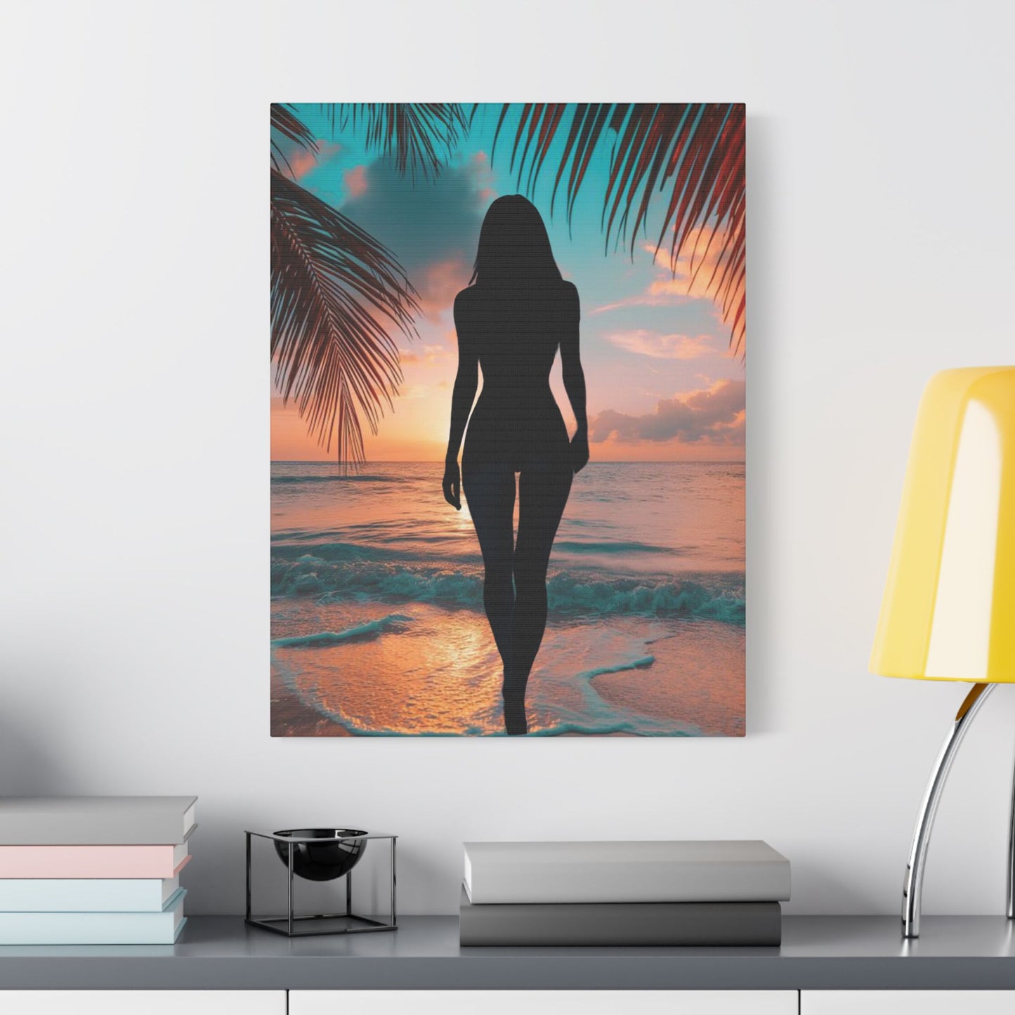Sunset Spirit – Where Silhouettes and Palm Dreams Meet the Sea - Beach Sunset Canvas Art, Coastal Wall Decor, Tropical Home Decor, Silhouette Print, Relaxing Artwork, Perfect Gift for Nature Lovers