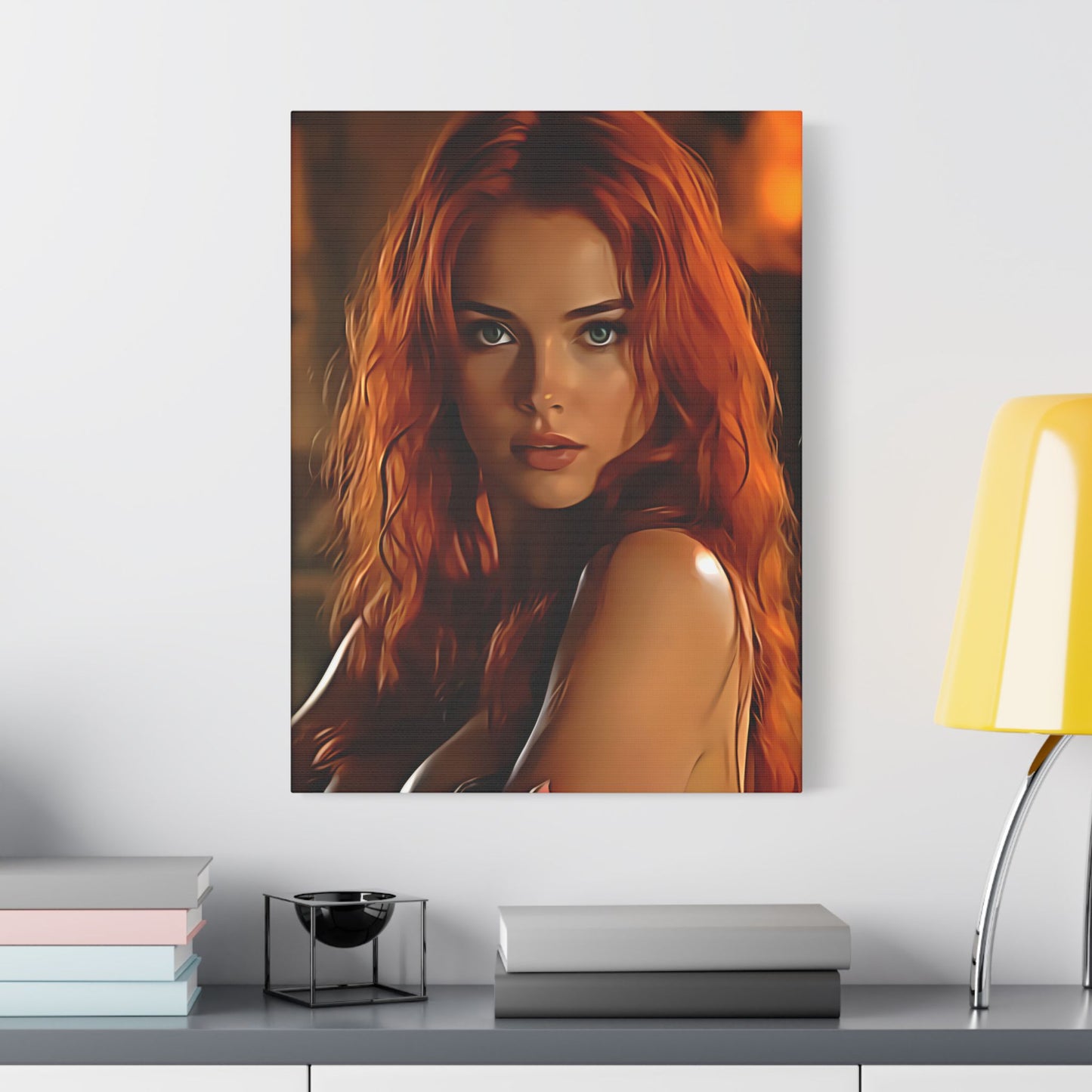 Fiery Muse: Ignite Your Passion with the Radiant Gaze of the Crimson Enchantress - Stretched Canvas Art Print, Vibrant Wall Decor, Art for Living Room, Unique Gift for Art Lovers, Home Decor
