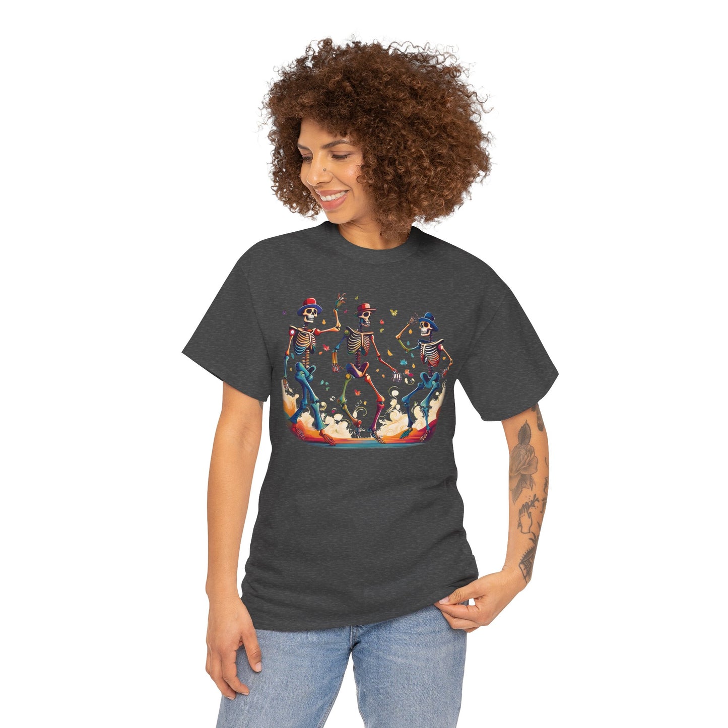 Dancing Skeletons Halloween Party - Spooky Fun Celebration Art - Festive Autumn Spirit Collection - Colorful Skeleton Dance Tee, Casual Halloween T-Shirt, Unique Gift for Parties, Unisex Graphic Shirt, Fun Everyday Wear