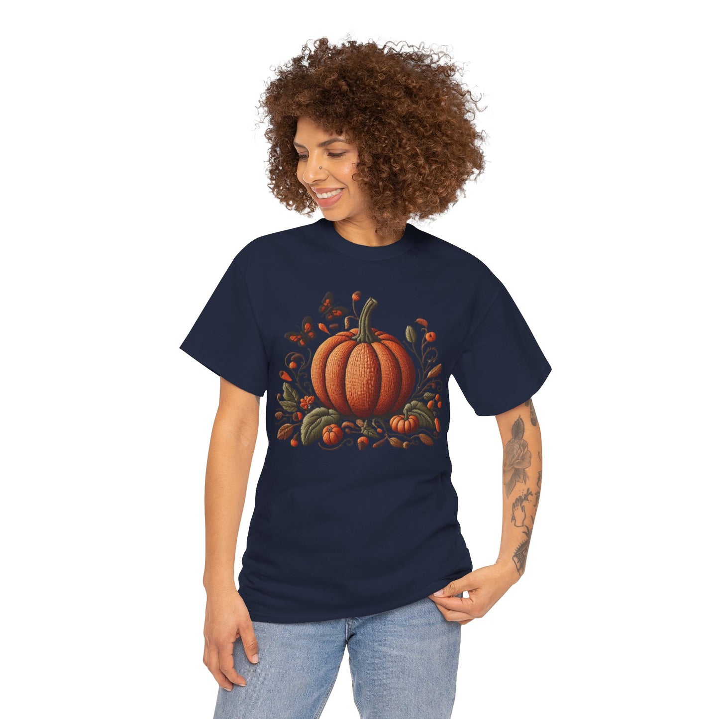 Pumpkin & Botanical Bliss โ Autumnโs Cozy Charm ๐๐ - Autumn Pumpkin Tee, Fall T-Shirt, Halloween Shirt, Thanksgiving Gift, Unisex Heavy Cotton Tee