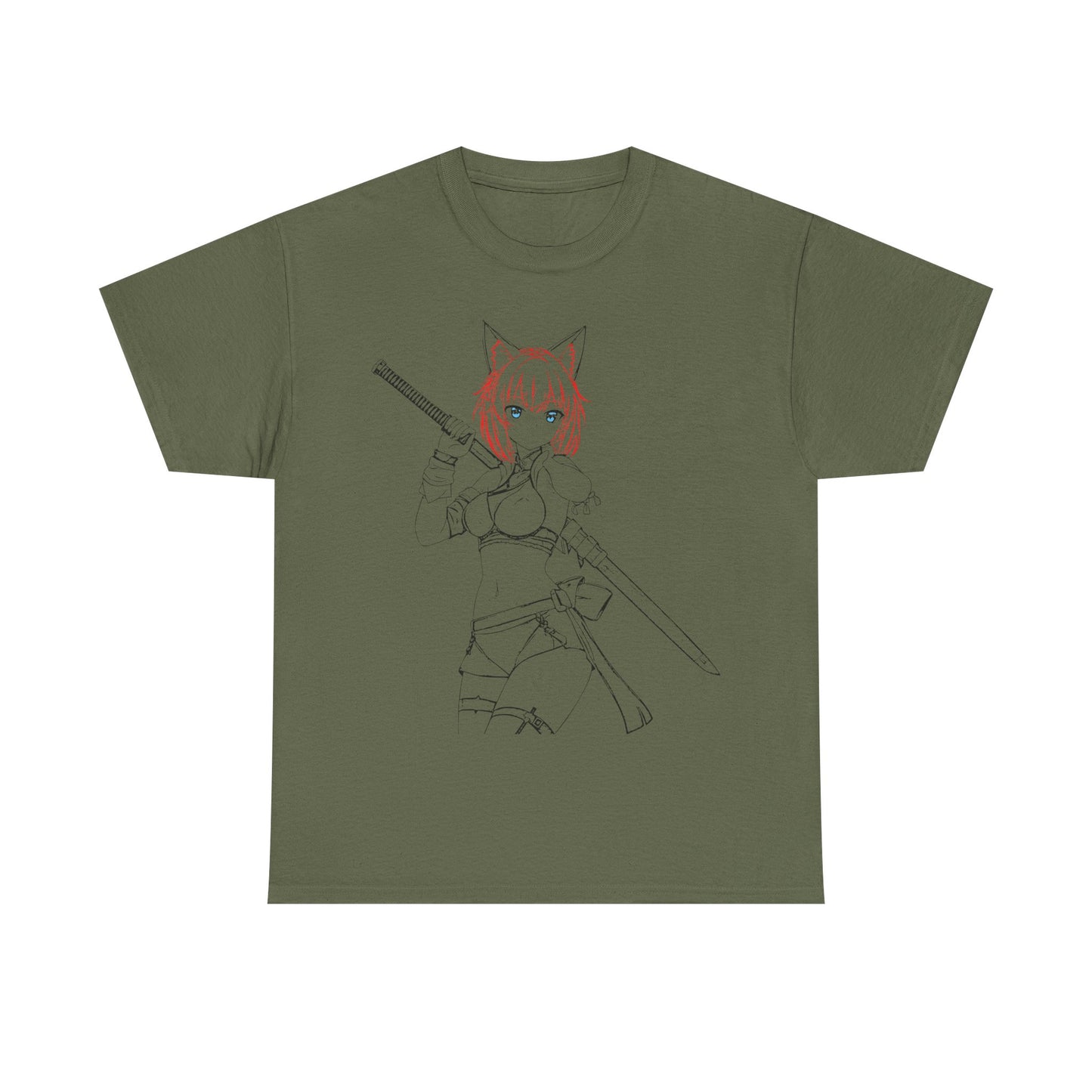 Blade & Whiskers: Unleash Courage and Cuteness with the Fierce Spirit of the Catgirl Warrior - Anime-Inspired Unisex Heavy Cotton Tee, Casual Wear, Gift for Gamers, Anime Lovers, Graphic Tee, Soft Cotton T-Shirt