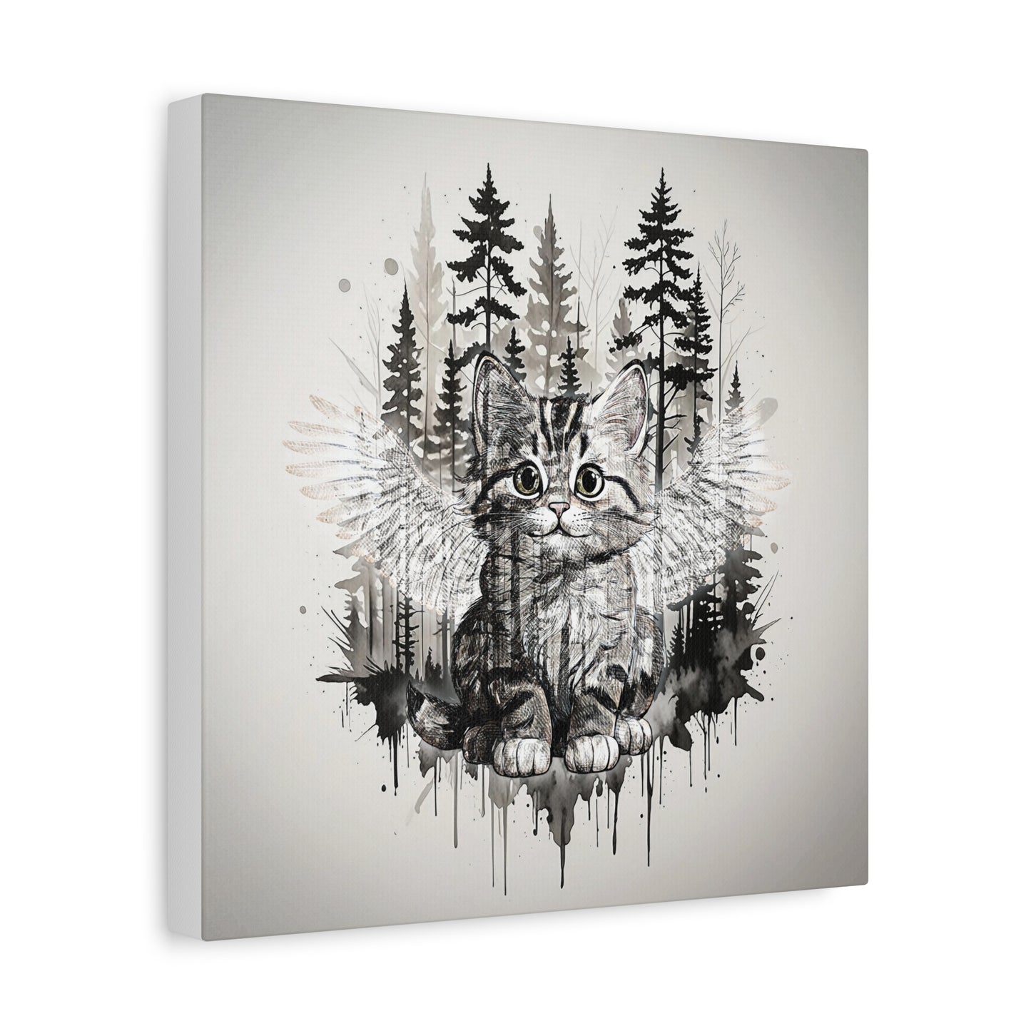 Your personal Guardian Cat Canvas Wall Art - 1.25" Stretched Matte Print with Angel Wings and Forest Theme