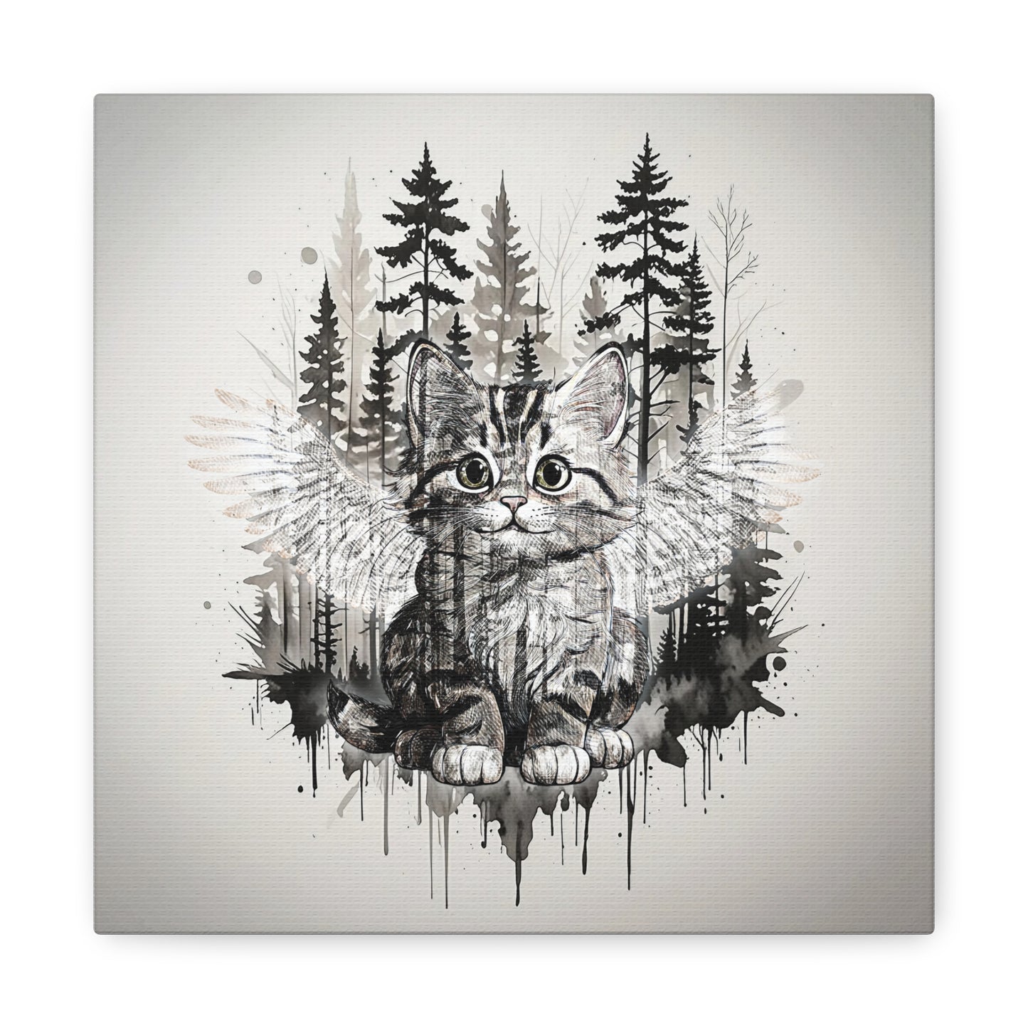Your personal Guardian Cat Canvas Wall Art - 1.25" Stretched Matte Print with Angel Wings and Forest Theme