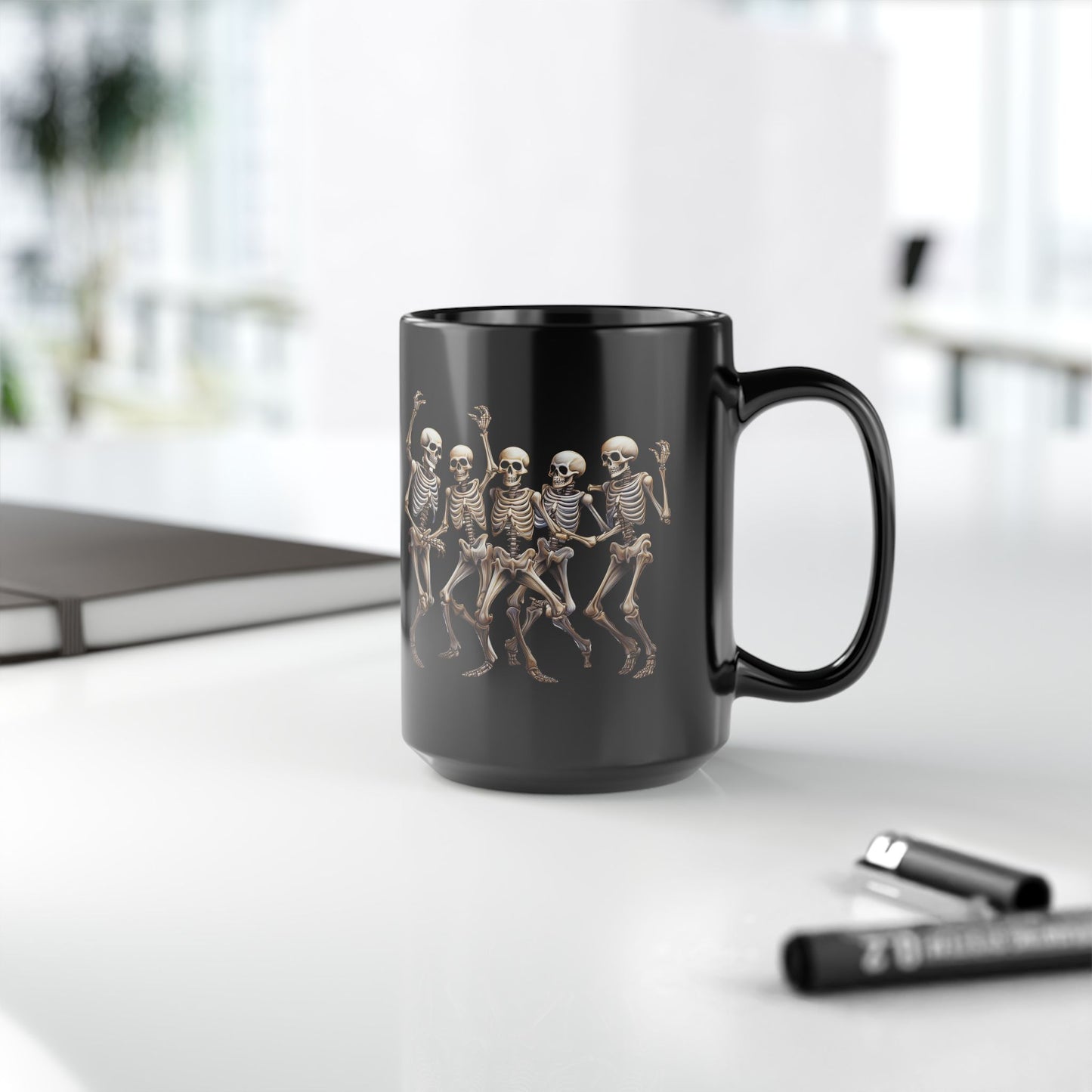 "Celebrate Life with Dancing Skeletons – Bold Apparel & Mugs that Spark Joy" - Skeleton Dance Black Mug - Halloween Coffee Cup, Spooky Gift, Funny Skeleton Mug, Partyware, Unique Halloween Decor
